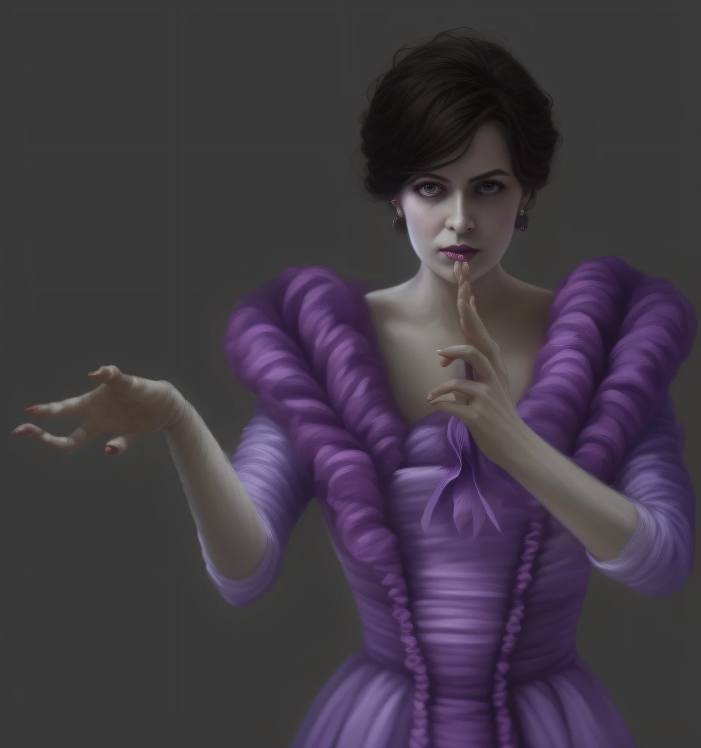 A close-up of a person in a purple dress with a finger on his lips, Diosa del horror Eldritch, garbed in a purple gown, inspirado por Lucas Graciano, Pintura de personajes, Fanart exquisito altamente detallado, hyperdetailed fantasy character, Retrato de personaje pintado, Pose malvada, Concepto de personaje poco realista, Inspirado en el artista de personajes senior, Pose de personajes para el arte conceptual