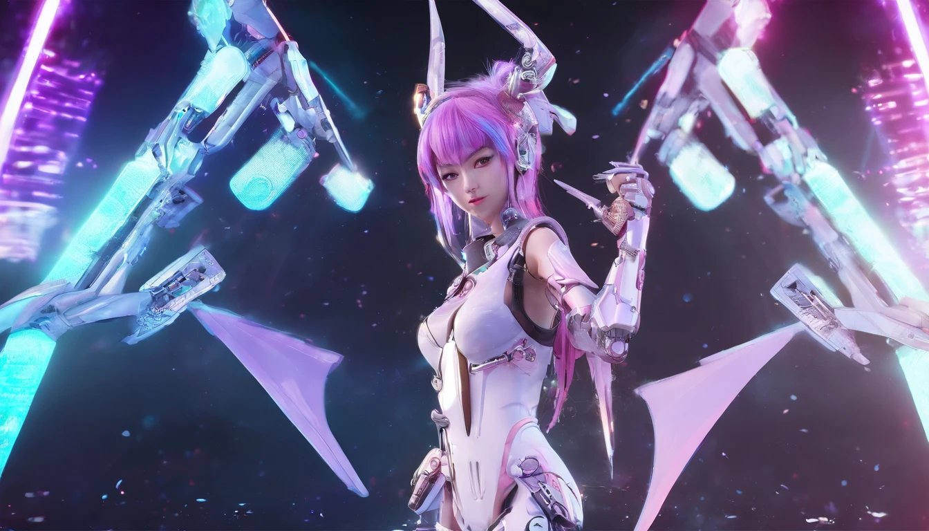 top-quality、tmasterpiece、超A high resolution、(Photorealsitic、RAW photo、Battle Robot Angel、Large wing made of metal、White porcelain body、Acrylic transparent cover、whaite hair、glowy skin、1 Cyborg Girl、((Super realistic details))、porate、globalillumination、black shadows、octan render、8K、ultrasharp、Character edge light,Colossal tits、Raw skin is exposed in cleavage、Details of complex ornaments、Gothloli details、Hydraulic cylinder、small led lights、highly intricate detail、Realistic light、a purple eye、Radiant eyes、Facing the camera、neon light detail、cow boy shot、Futuristic headgear、Floor plan about the《cyber punk perssonage》