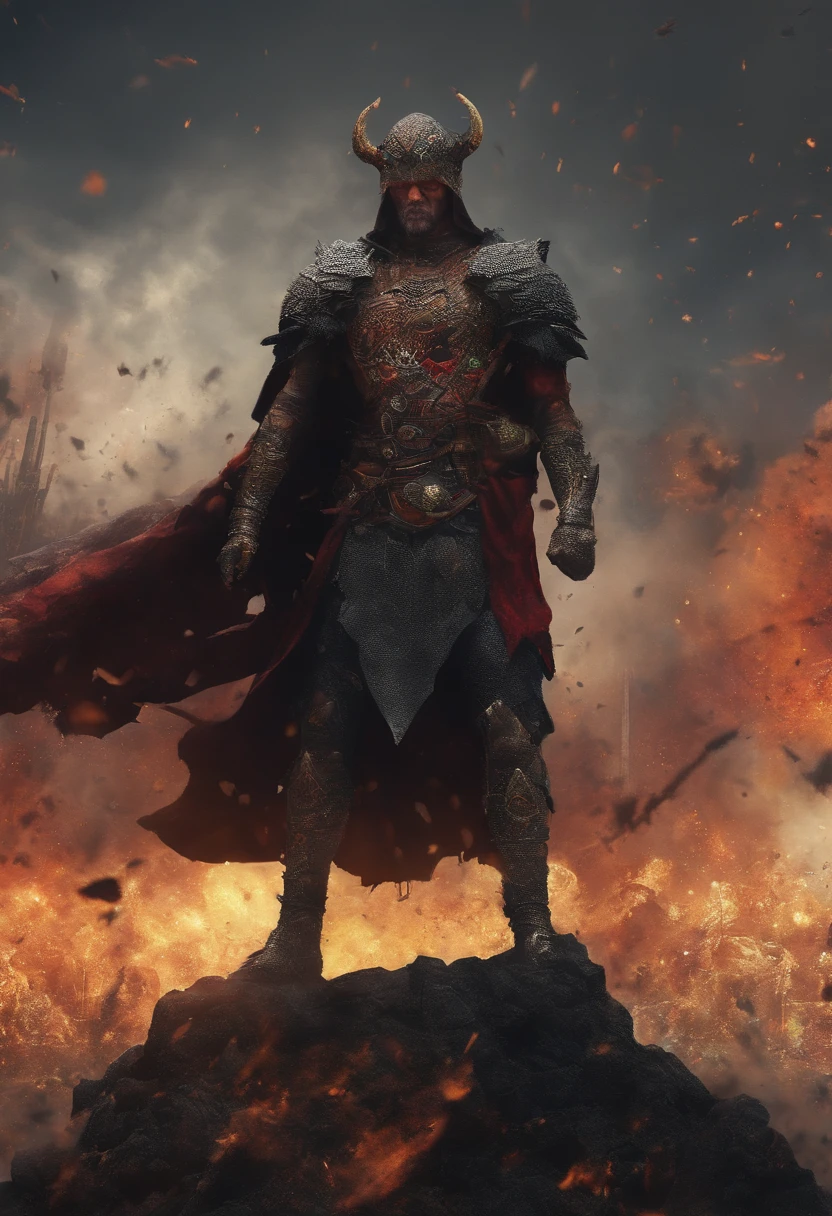 Realistic, 4k, Um anjo + Rei esqueleto com detalhes intrincados, Presentation of detailed information items and skill images with dynamic effects + com asas grandes, uma espada, a hood over his head in the background image of a war (caos)
