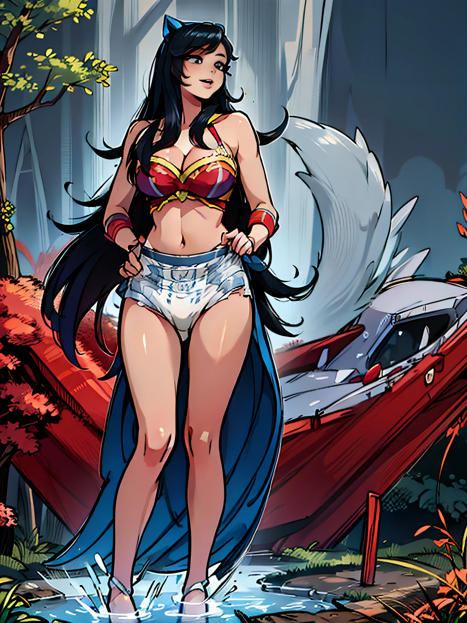 1girl, Ahri, \(league of legends\), black hair, cleavage, wearing a ((big diaper)), (diapered), red elegant gown, river forest background, nature, beautiful, sunny, sexy, busty, (standing), flirty, seductive