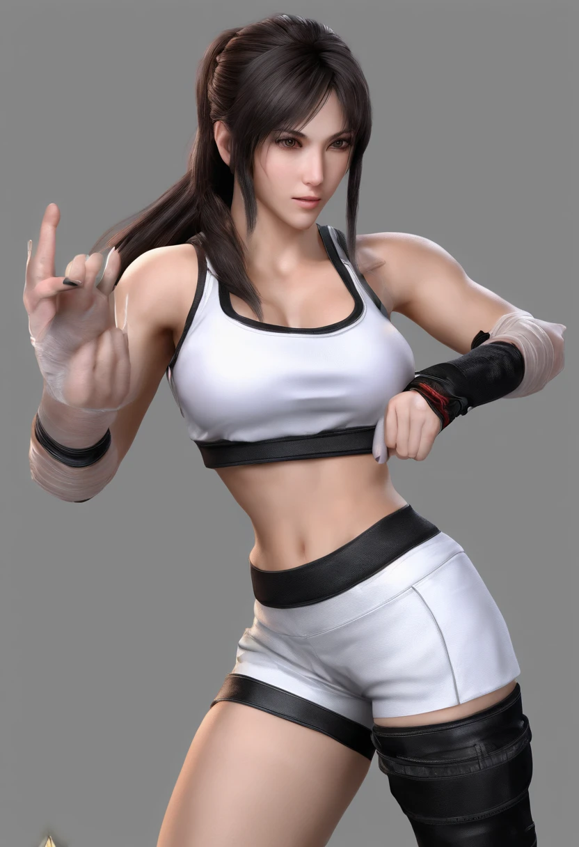 {{Tifa Lockhart}}, {{Final Fantasy}},fingerless gloves, white tank top, crop top, black skirt, white panties, big breasts, masterpiece, top-quality, A slender, Photo Realisticity, hight resolution, glowing skin, slight brush, fighting ring full of people, serious face, fighting, kicking at viewer, unleash a kicking at viewer, open mouth , move her right leg forward, stretch her right leg forward, straight kick , high kick, very powerful and beautiful high kick