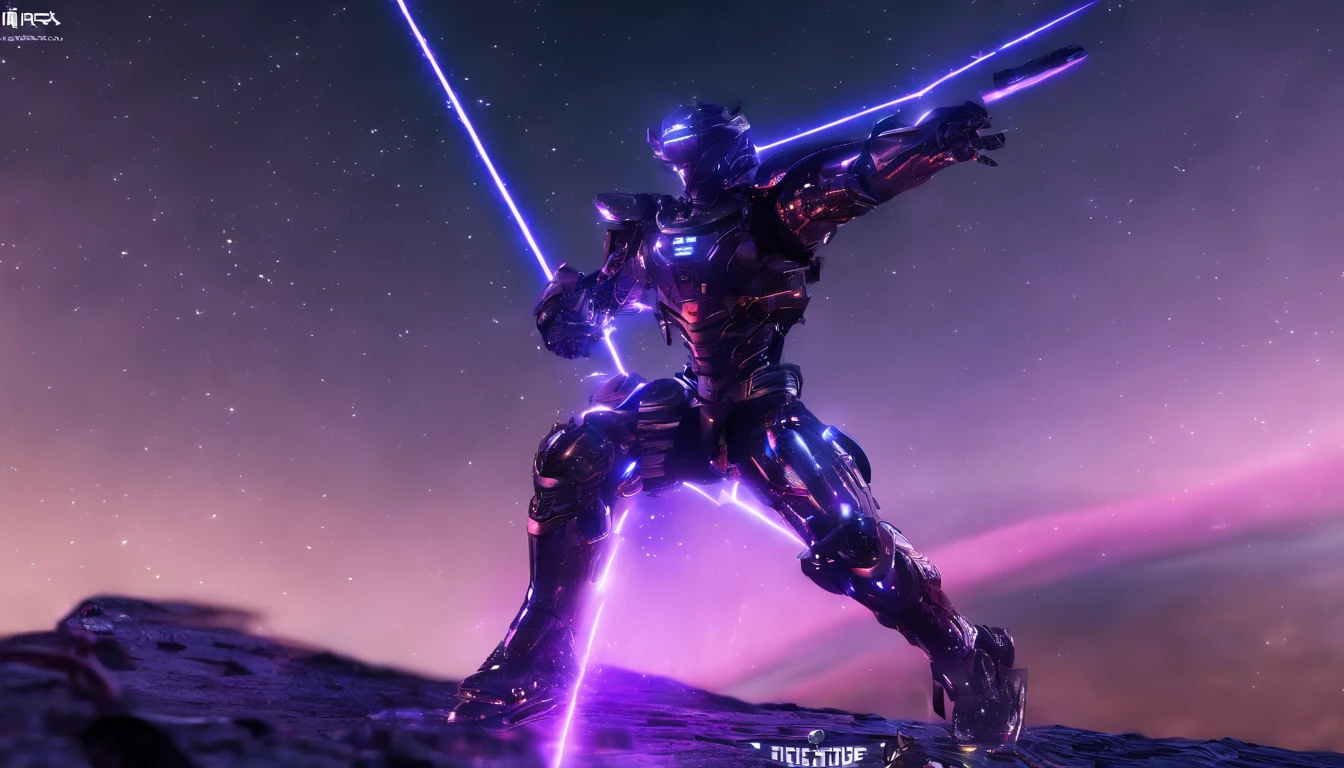 4K images,AI robot and Dark Knight 2 fight scene,(on the sky,White porcelain body、Acrylic transparent cover、whaite hair、glowy skin、1 Cyborg Girl、((Super realistic details))、porate、globalillumination、black shadows、octan render、8K、ultrasharp、Character edge light,Huge mountains), During the fight scene between the two, golden light collides with purple light in the sky