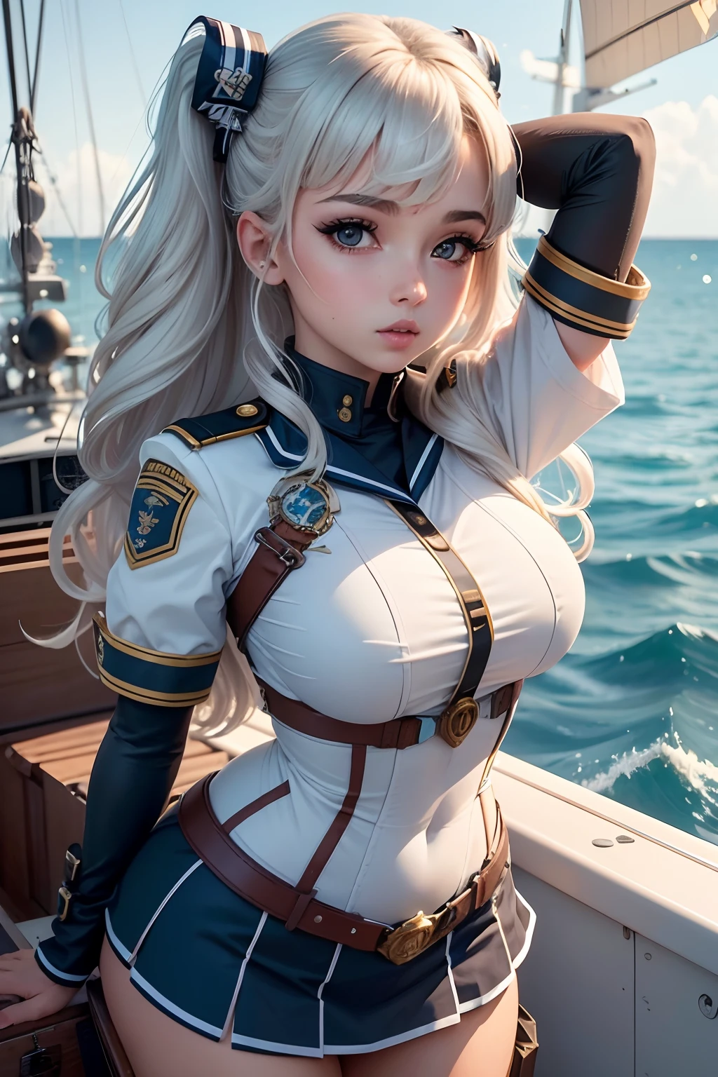 1mulher com uniforme de marinheiro de 1.78metros de altura , posando em um barco, Deusa loira, anime sedutora, em um barco, Garota sexy, menina bonita, Cosplay, Anime Garota Cosplay, mulher bonita sedutora do anime, girl with warship parts, com seios grandes, Sakimichan Frank Franzzeta, com seios grandes, Nautical Siren, menina perfe cabelos brancos