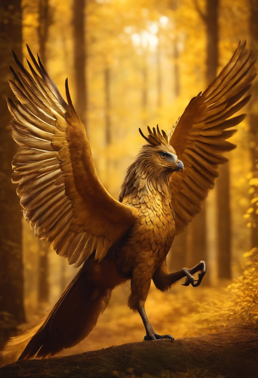 Create a golden-feathered hippogriff as an archetype of a therapy company called Hipnaturo