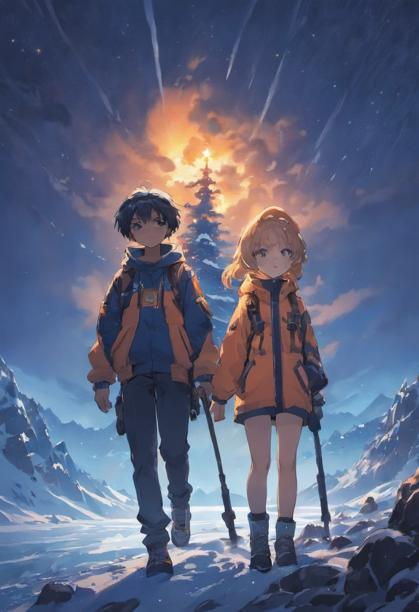 3 black teenagers with guns seen from shore, mountainous adventure scenery, cartoon, snow on mountain peak, dusk, starry sky, orange sky