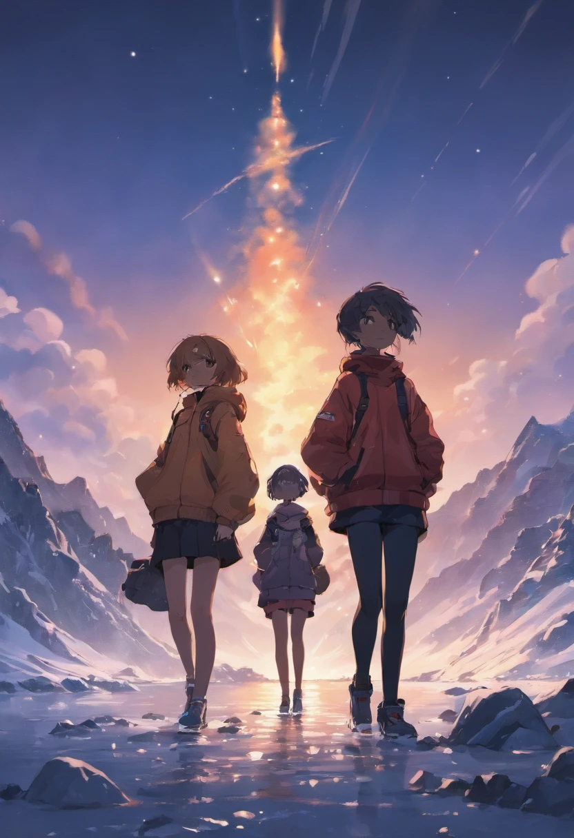 3 black teenagers with guns seen from shore, mountainous adventure scenery, cartoon, snow on mountain peak, dusk, starry sky, orange sky
