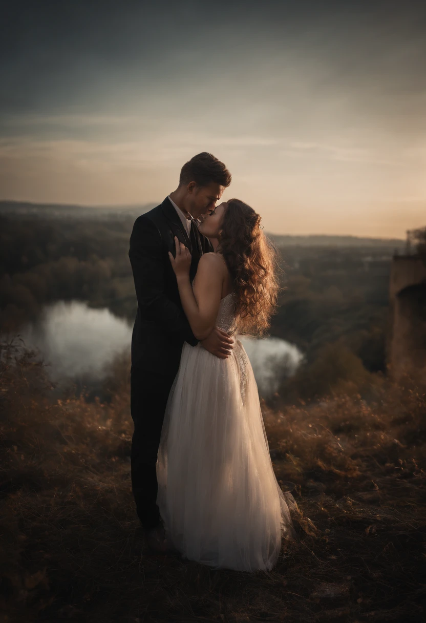 a fantasy portrait an incredibly beautiful couple of a man and a woman, a realistic photograph of an unearthly, almost hyperrealistic image of mysterious strangers, against the background of a Gothic city, background with amorphous bokeh, dark, hyperrealistic, dark fantasy style, raw style, volumetric dust particles, digital photography, fluctuating depth of field, wide angle, ethereal lighting, intricate clothing details, (perfect eye detail), cgi, 32 k,