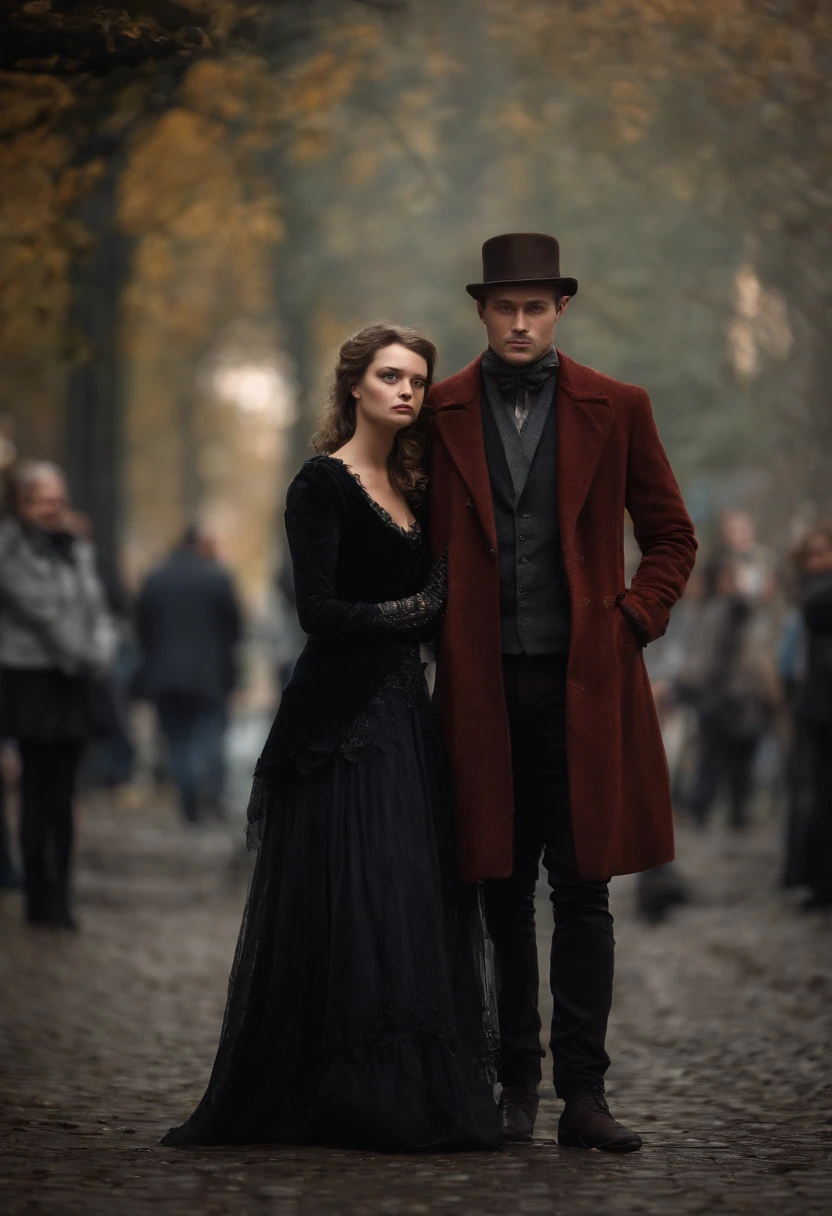 a fantasy portrait an incredibly beautiful couple of a man and a woman, a realistic photograph of an unearthly, almost hyperrealistic image of mysterious strangers, against the background of a Gothic city, background with amorphous bokeh, dark, hyperrealistic, dark fantasy style, raw style, volumetric dust particles, digital photography, fluctuating depth of field, wide angle, ethereal lighting, intricate clothing details, (perfect eye detail), cgi, 32 k,