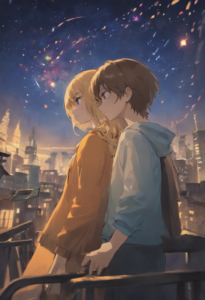 As night fell,Luz suave das estrelas brilha sobre os dois amantes,They kissed romantically under the bright starry sky, homem coreano de cabelos pretos curtos, mulher cabelos negros longos, meiga, Doce. Melhor qualidade, detalhado.