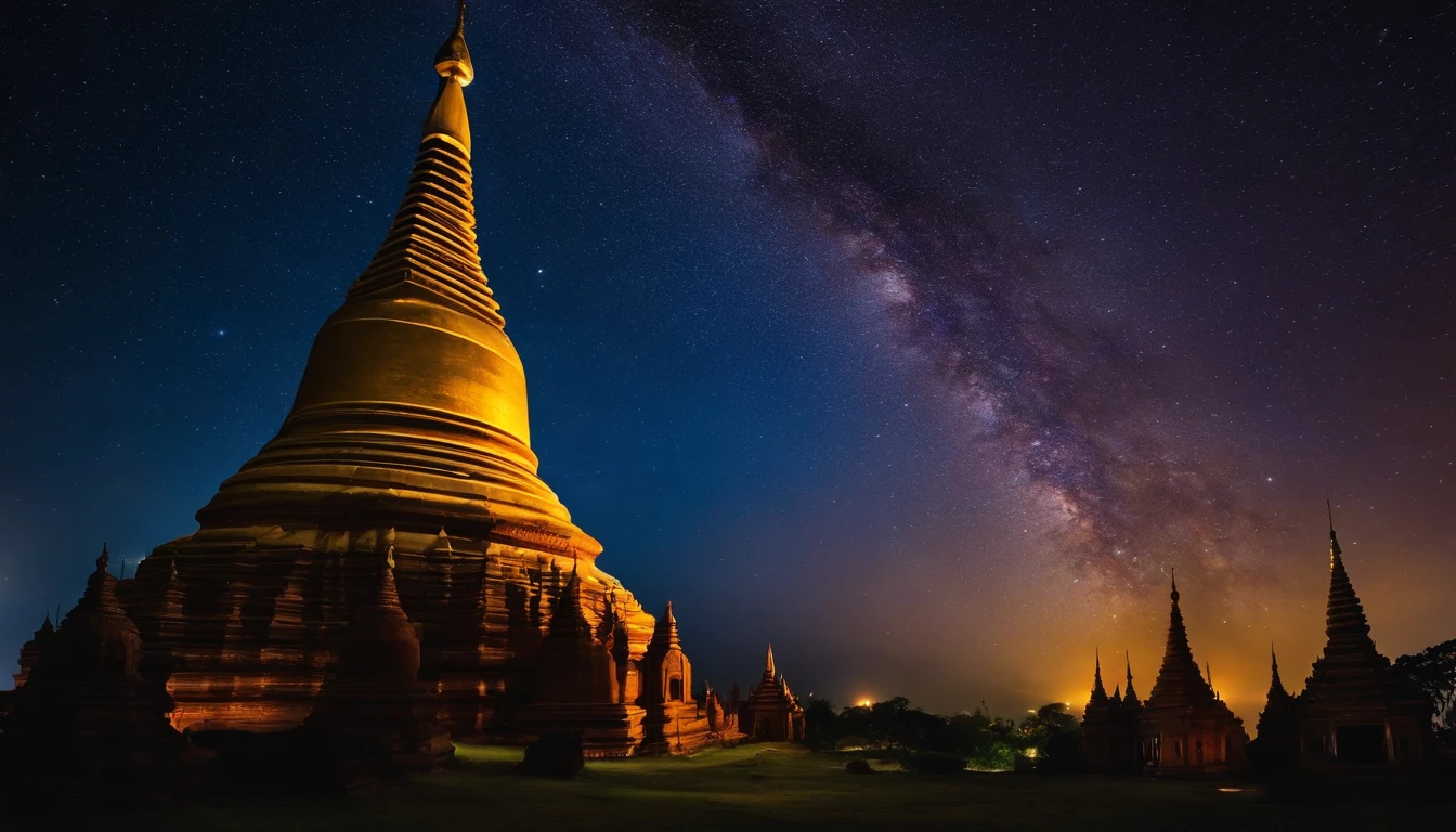 A night scene of Pagan Pagodas of Myanmar,, stary night, milky way in the sky, best composition, hyper detailed, masterpiece art work, long view, silhouette of pagodas , at night.soft light.