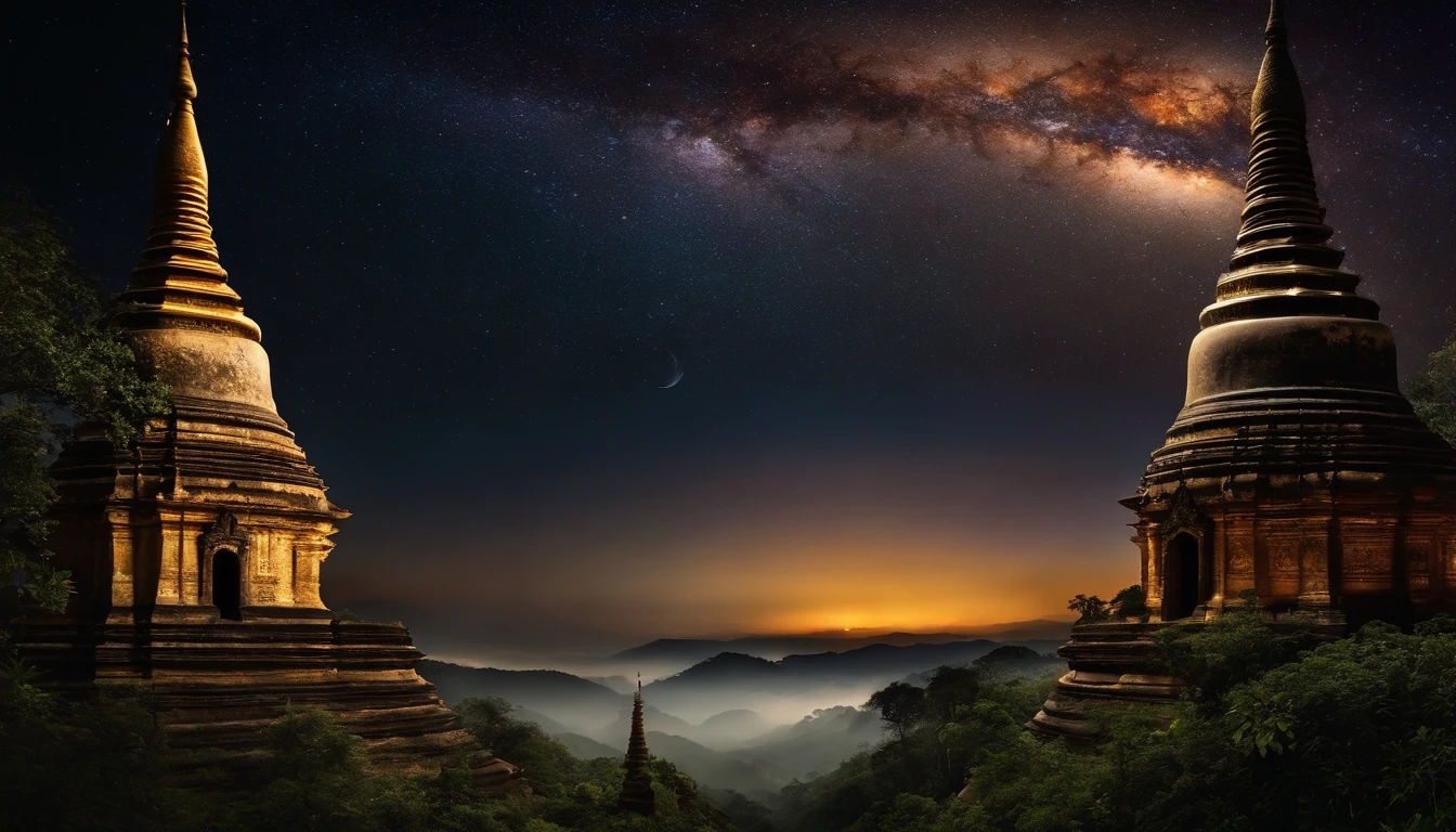 A night scene of Pagan Pagodas of Myanmar,, stary night, milky way in the sky, best composition, hyper detailed, masterpiece art work, long view, silhouette of pagodas , at night.soft light.