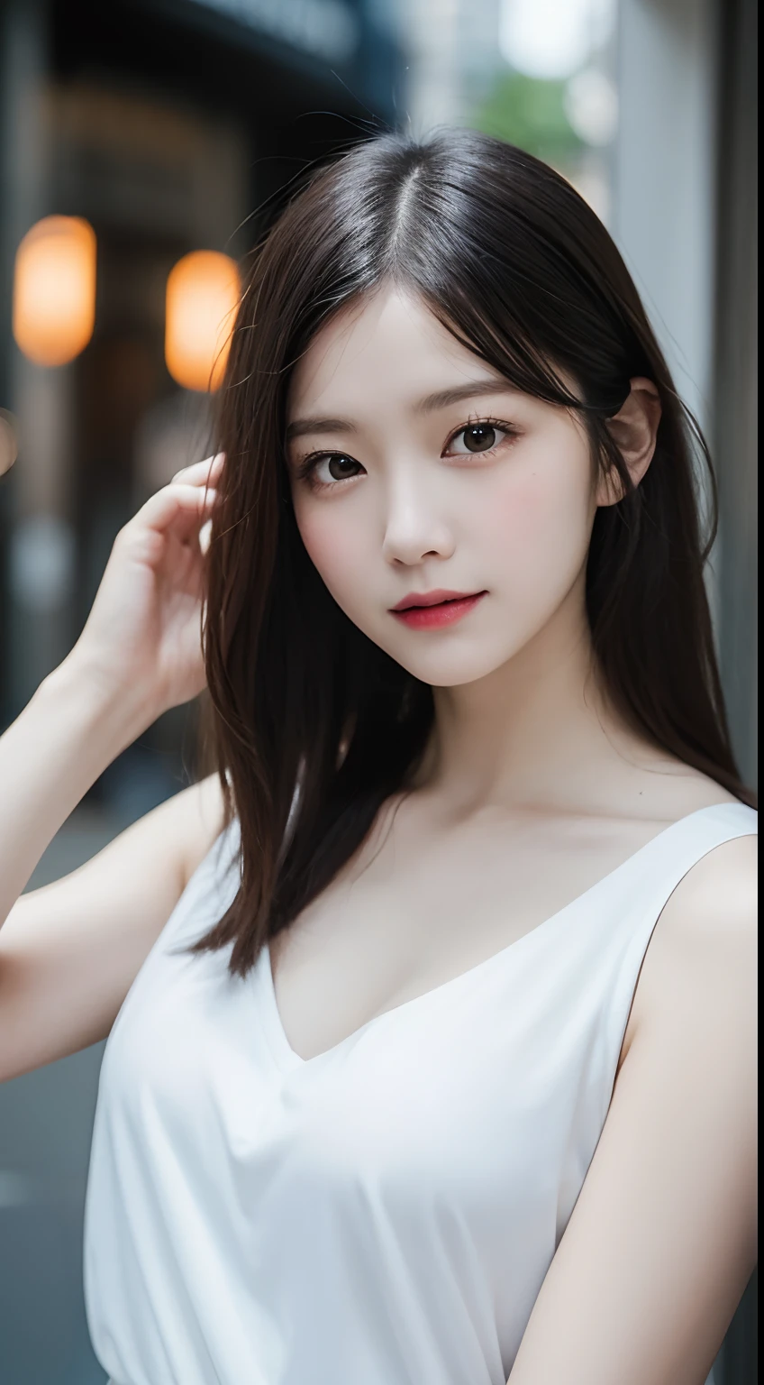 tmasterpiece,Highest image quality,insanely details,Delicate Face Portrayal,((Casual wear)),8K分辨率,Delicate face,Lover's smile,Cute peerless beauty,Delicate translucent eyes,Long silver messy hair,street,(Gorgeous light and shadows),Soft focus,Real Shadow,8K HD,upperbody closeup,depth of fields,Beautiful smooth collarbone,Medium chest,ultraclear,From above