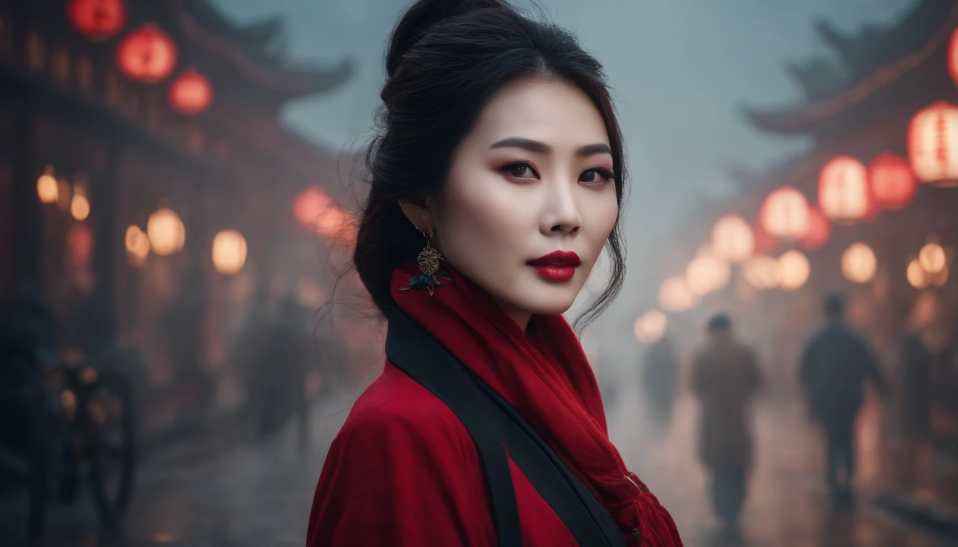 Most beautiful woman in the China face, foggy town syndicate concept background, beautiful China woman face, 8k quality