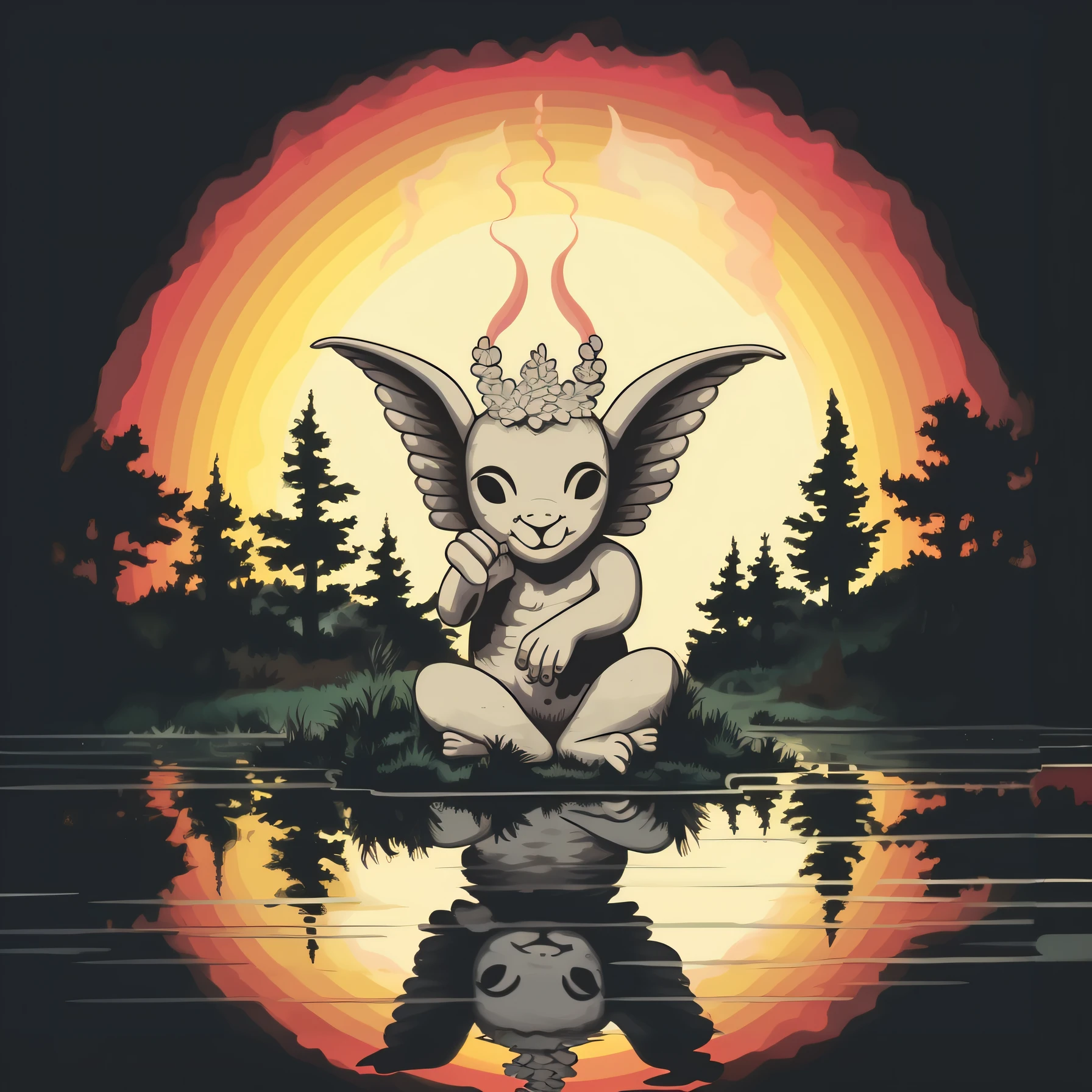 Es gibt eine Karikatur eines kleinen Engels, der auf dem Wasser sitzt, Guardian of the Sacred Lake, Offizielle Illustration, Fabelwesen, Offizielles Artwork, Fabelhafte, skurrile Kreaturen, Waldgeist, Vollfarbige Illustration, inspiriert von Yerkaland, Im Sonnenuntergang, niedliche, detaillierte digitale Kunst, Ein Fabelwesen, Beeple und Jeremiah Ketner, higher detailed illustration, loish |
