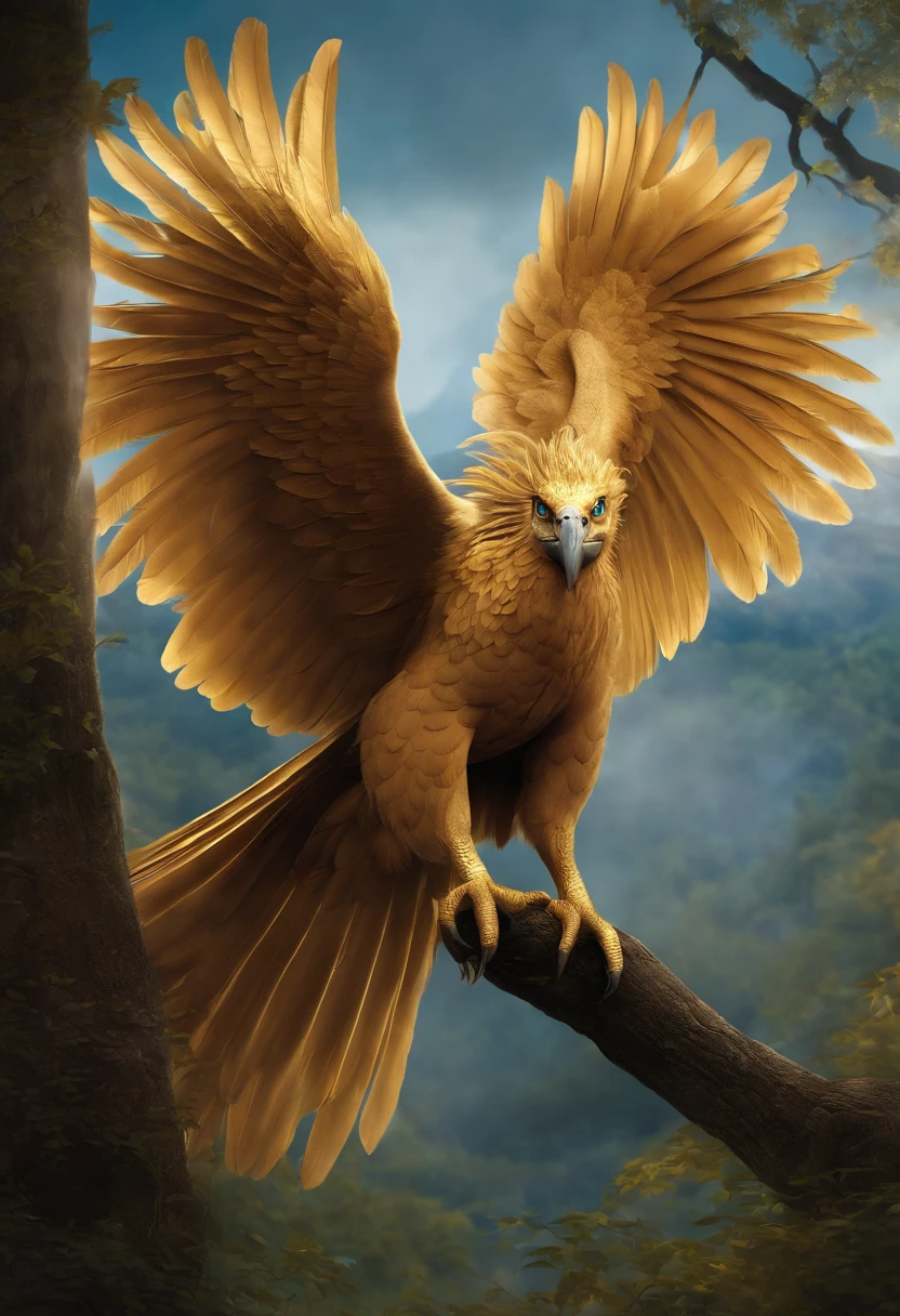 Create a golden-feathered, blue-eyed hippogriff as the archetype of a therapy company called Hipnaturo