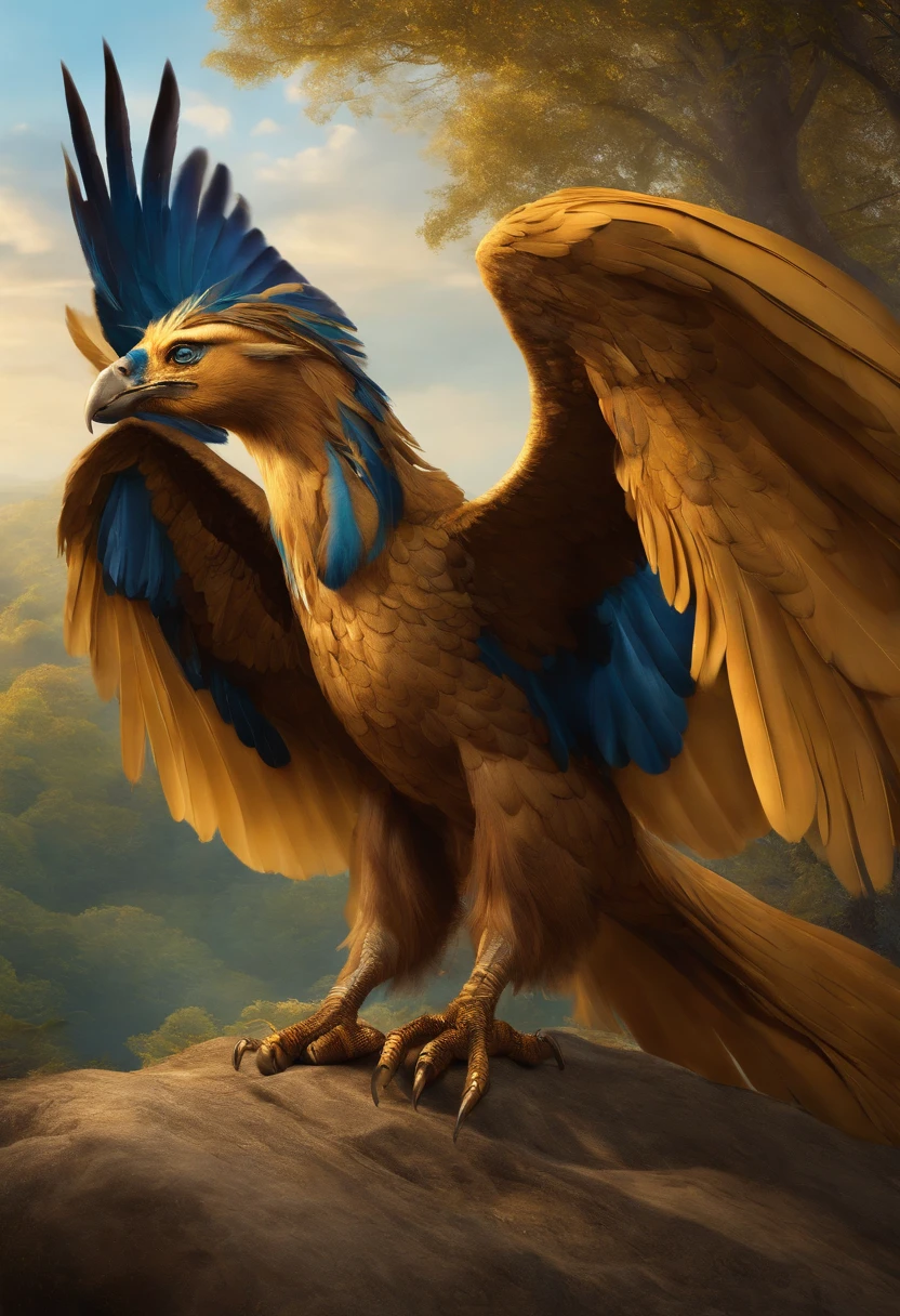 Create a golden-feathered, blue-eyed hippogriff as the archetype of a therapy company called Hipnaturo