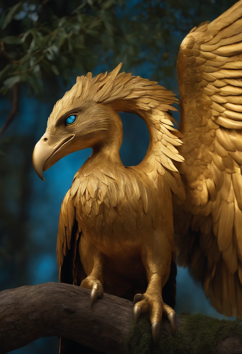 Create a golden-feathered, blue-eyed hippogriff as the archetype of a therapy company called Hipnaturo