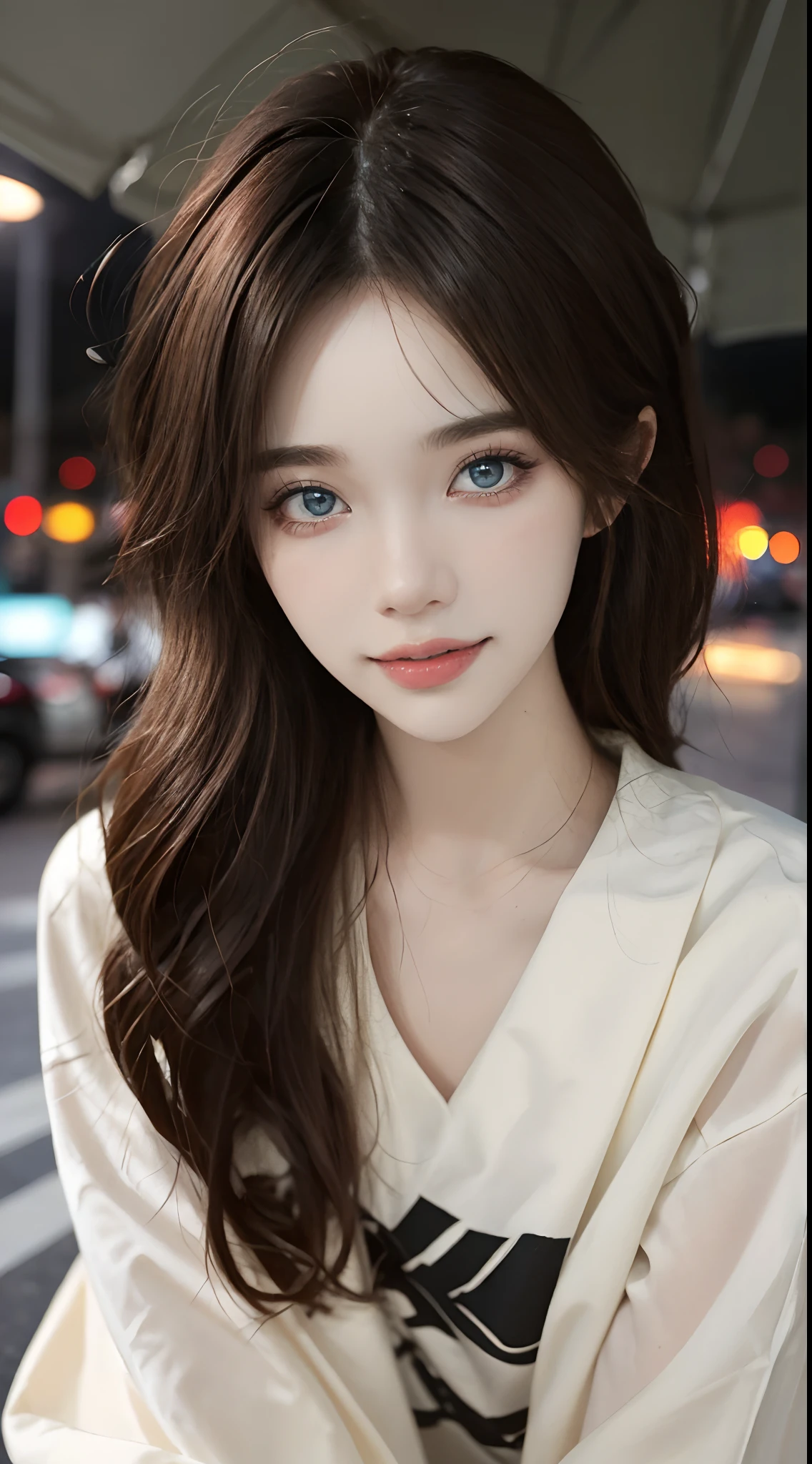 ((4K works))、​masterpiece、(top-quality)、1 beutiful girl、Slim body、tall、((Attractive casual clothes in black and white))、(Detailed beautiful eyes)、Take a selfie on the road at night、((Face similar to Carly Rae Jepsen))、((Long boyish red hair))、((Smaller face))、((Neutral face))、((Bright blue eyes))、((American adult women))、((Adult female 26 years old))、((cool lady))、((Like a celebrity))、((Smiling expression))、((Korean Makeup))、((elongated and sharp eyes))、((Happy dating))、((boyish))、Professional Photos