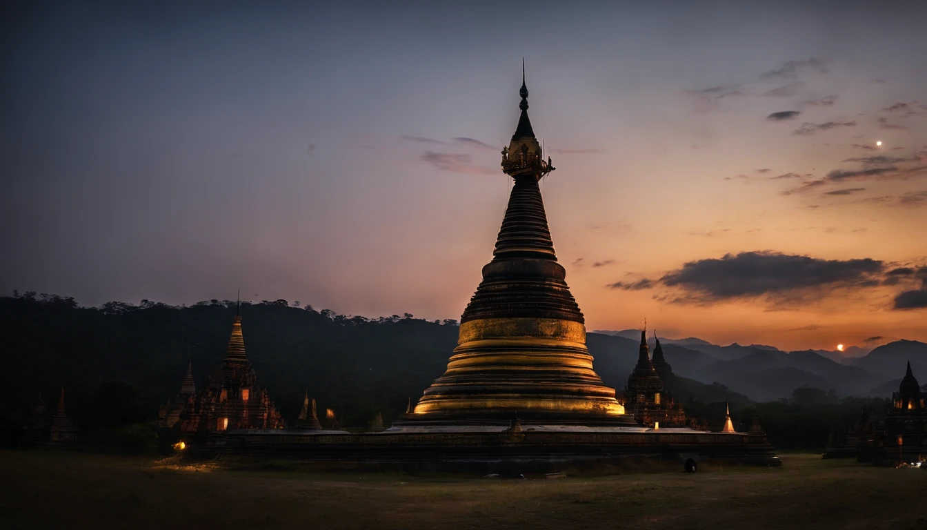 A night scene of Pagan Pagodas of Myanmar,, stary night, milky way in the sky, best composition, hyper detailed, masterpiece art work, long view, silhouette of pagodas , at night.soft light.