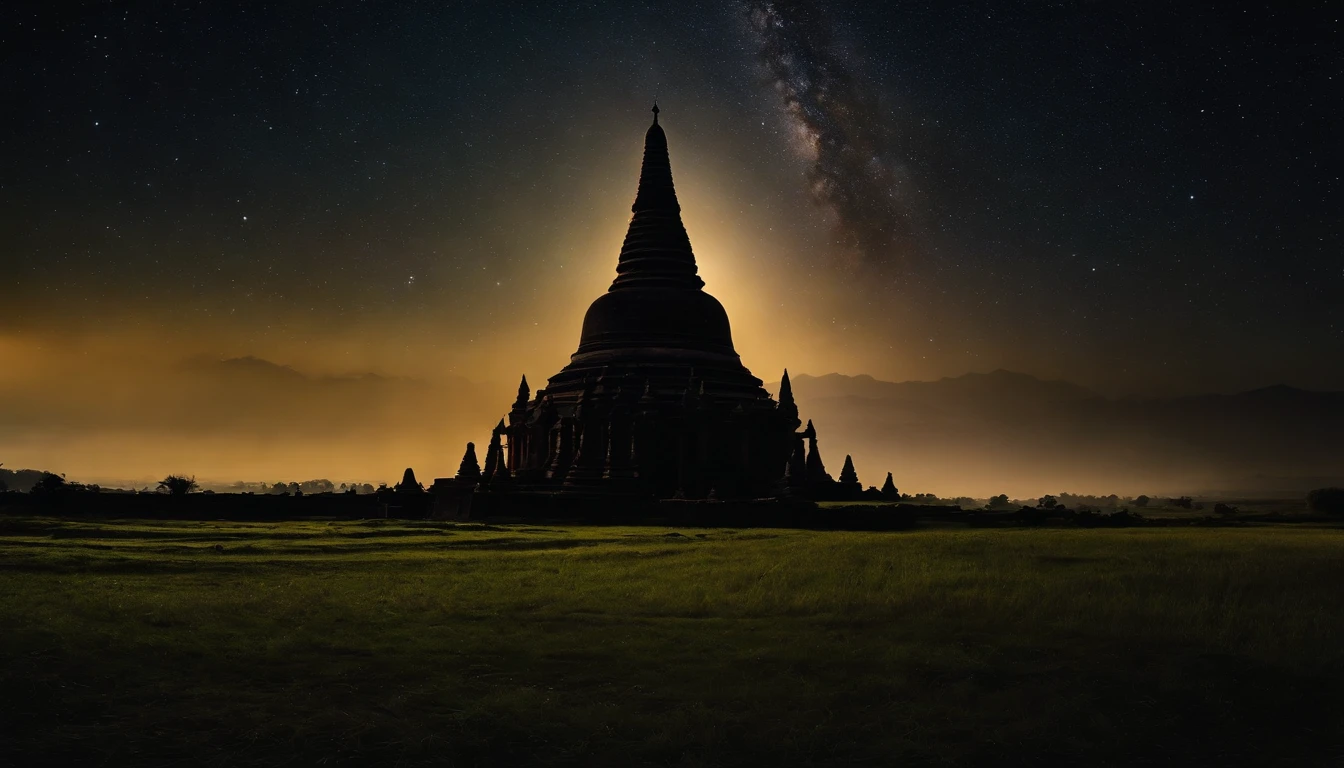 A night scene of Pagan Pagodas of Myanmar,, stary night, milky way in the sky, best composition, hyper detailed, masterpiece art work, long view, silhouette of pagodas , at night.soft light.