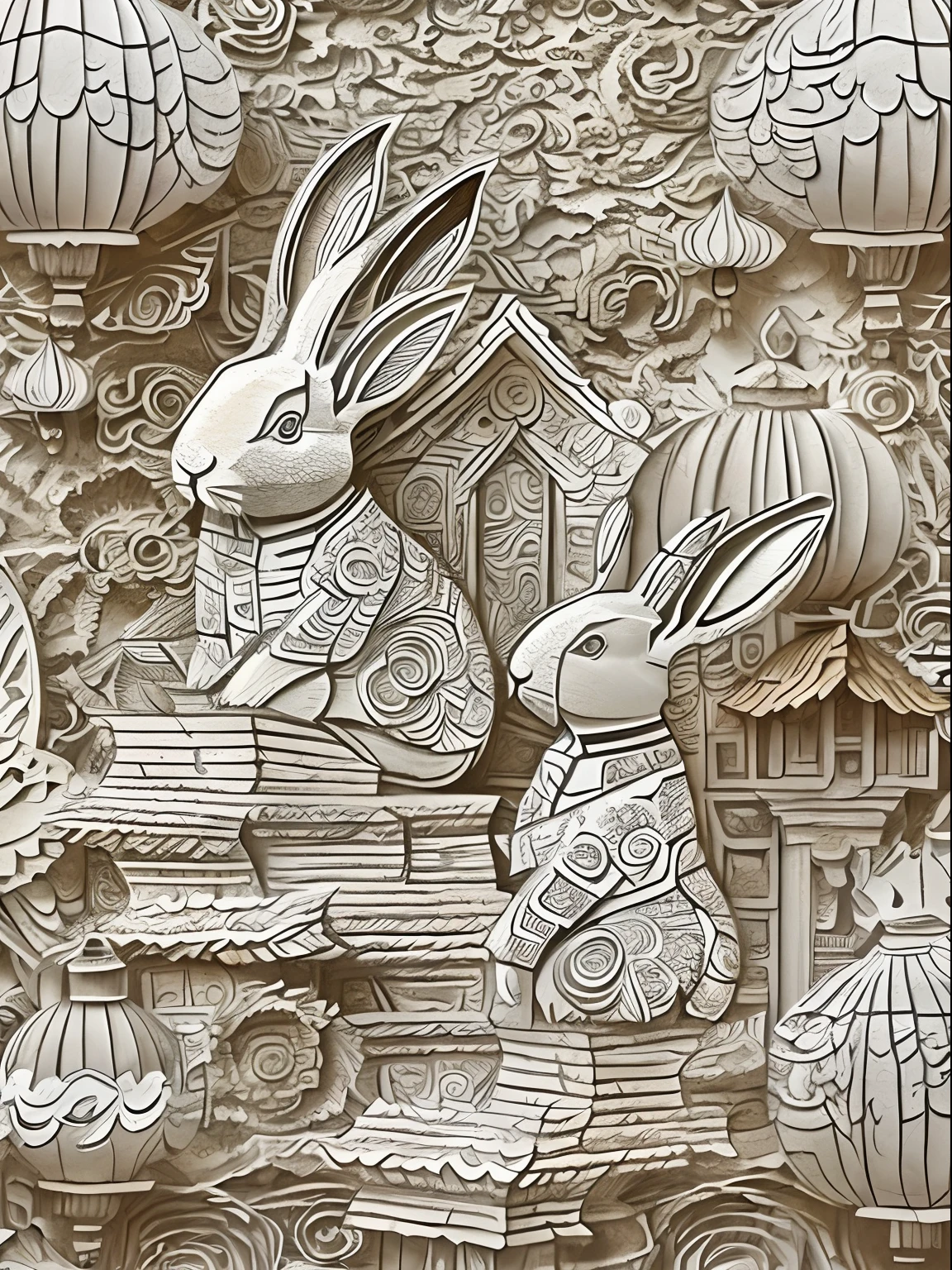 MDJRNY-PPRCT,(White rabbit:1.5),Mid-Autumn Festival,Festival lanterns,The background is an ancient Chinese street,Oriental style pattern,exquisitedetails,arte em papel cortado,s fractal art,opulent,(high detal:1.2)