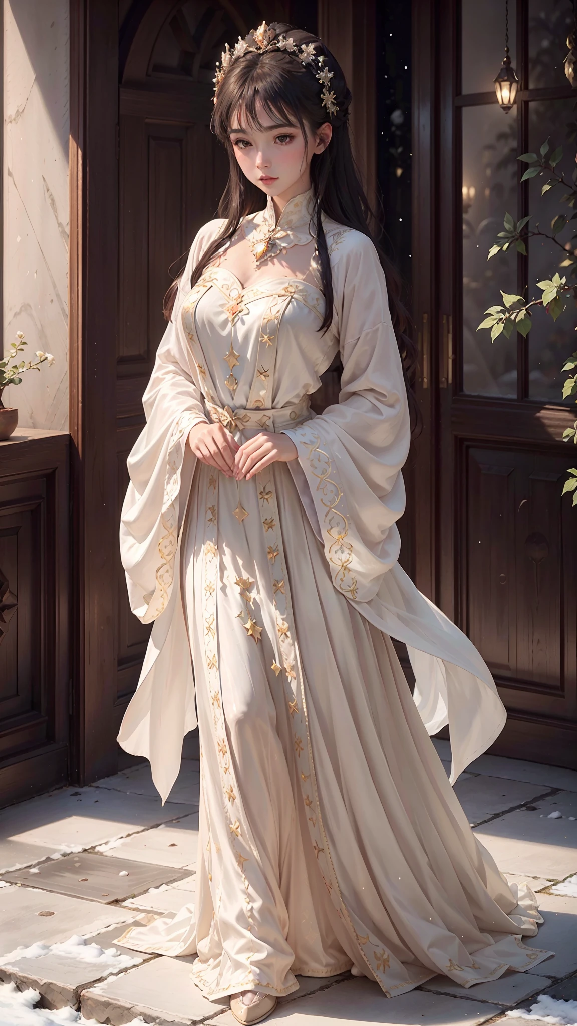 (Best quality,4K,8K,A high resolution,Masterpiece:1.2),Ultra-detailed,(Realistic,Photorealistic,photo-realistic:1.37),Silky,Immaculate,Gorgeous:1.1,Delicate light and shadow,Lustrous marble floors,Exquisite details:1.1,Moonlight Garden,Enchanting atmosphere,Cherry blossom trees in full bloom:1.1,Tranquil moonlight and stars,Moon Palace:1.1,Classy and Elegant,Flowing silk dress:1.1,Moon,big breasts enchanting,Divine brilliance,Jewelry headwear and hair accessories,extremely beautiful lady, Ethereal beauty,Sparkling,Moonstone jewelry,Dreamy,Delicate facial features,Well-drawn eyes and lips,Fascinating,Subtle emotions,mystical aura,exalted,Serene expression,Delicate and calm posture,Accompanied by a snow-white rabbit,Endearing,Royal and palatial presence,palatial setting,Artistic interpretation,Brush strokes,Ethereal color palette,muted pastel tones:0.9,Subtle color gradients,Golden hour lighting,soft and gentle light,glimmering moonlight,Enchanting atmosphere:Dusk:1.1,Silver beam,Translucent fabric,Breathtakingly beautiful scenery,light breeze,a peaceful and serene atmosphere,Artistic contingency,An unforgettable masterpiece.