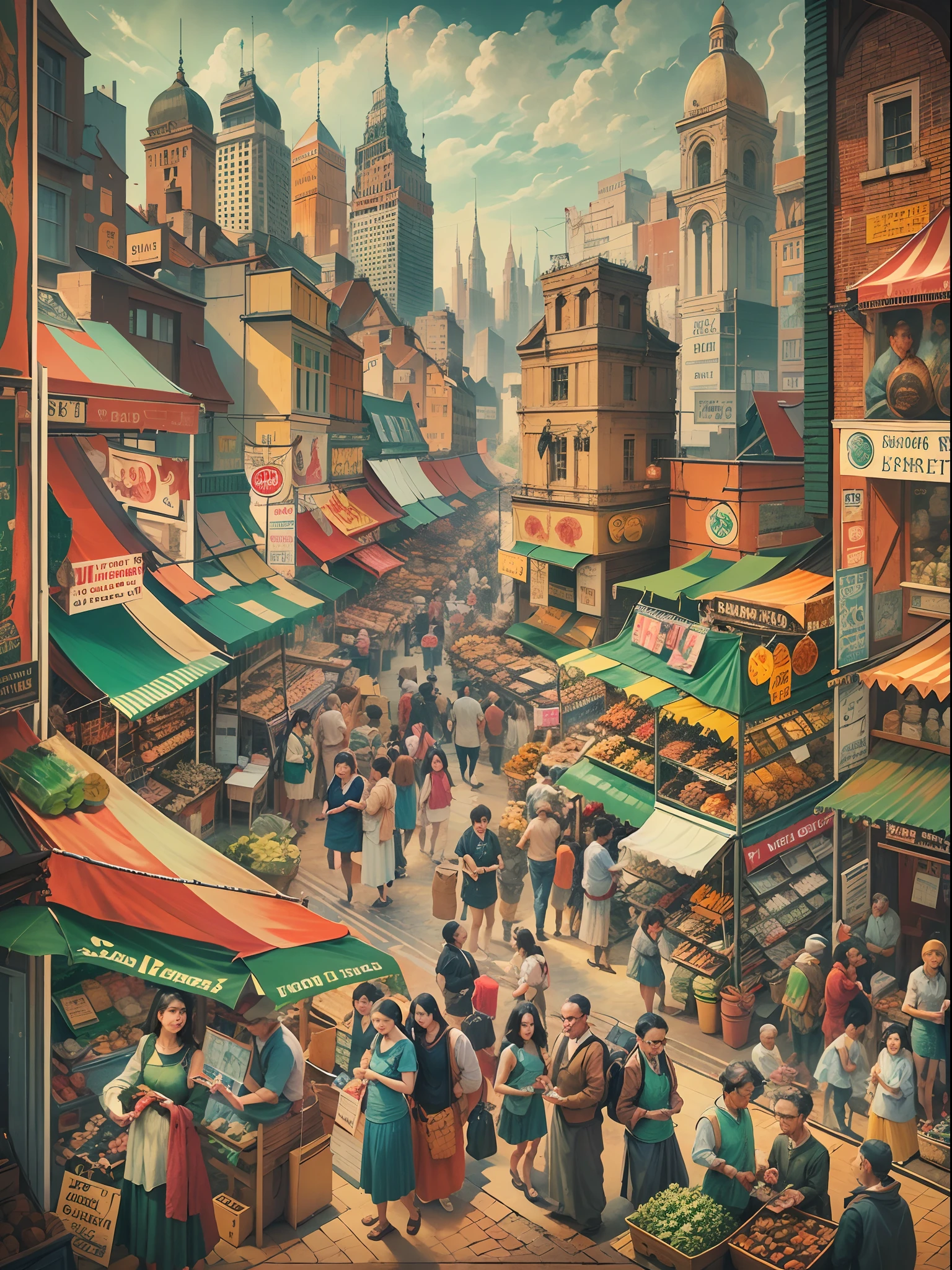 Cubist painting of a bustling city market with different perspectives of people and stalls