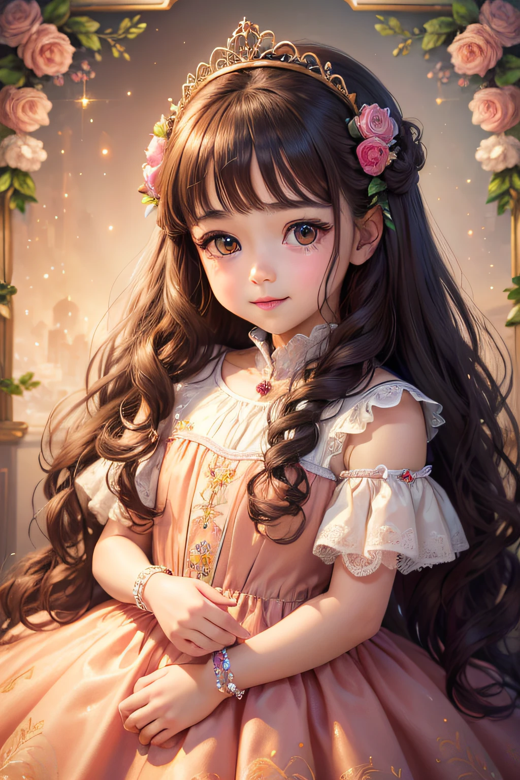(best quality,highres,masterpiece:1.2),ultra-detailed,portrait,painting,happy,vibrant colors,soft light,warm tones,detailed dress,sparkling tiara,floral background,playful expression,adorable:1.1,long eyelashes,beautiful dark brown eyes,rosy cheeks,joyful moment,curly hair,brown skin,round face