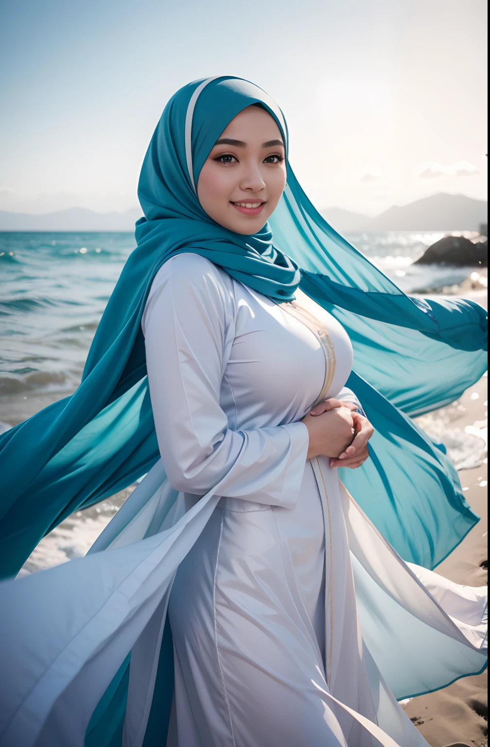RAW, Best quality, high resolution, masterpiece: 1.3), beautiful Malay woman in hijab,Masterpiece, perfect slim fit body, (Huge breasts), big gorgeous eyes, Soft smile, RAW, Best quality, high resolution, masterpiece: 1.3), Beautiful Malay woman in hijab, Masterpiece, perfect slim body, big breasts, Best quality, 4K image quality, 1 Malay girl in hijab, light blue Hanfu, snow, long hijab fluttering in the wind , healing smile, big opening, blurred background, blue sea background, morning lighting