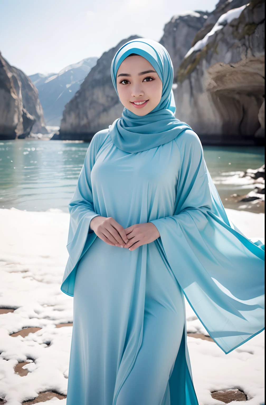 RAW, Best quality, high resolution, masterpiece: 1.3), beautiful Malay woman in hijab,Masterpiece, perfect slim fit body, (Huge breasts), big gorgeous eyes, Soft smile, RAW, Best quality, high resolution, masterpiece: 1.3), Beautiful Malay woman in hijab, Masterpiece, perfect slim body, big breasts, Best quality, 4K image quality, 1 Malay girl in hijab, light blue Hanfu, snow, long hijab fluttering in the wind , healing smile, big opening, blurred background, beach background, morning lighting