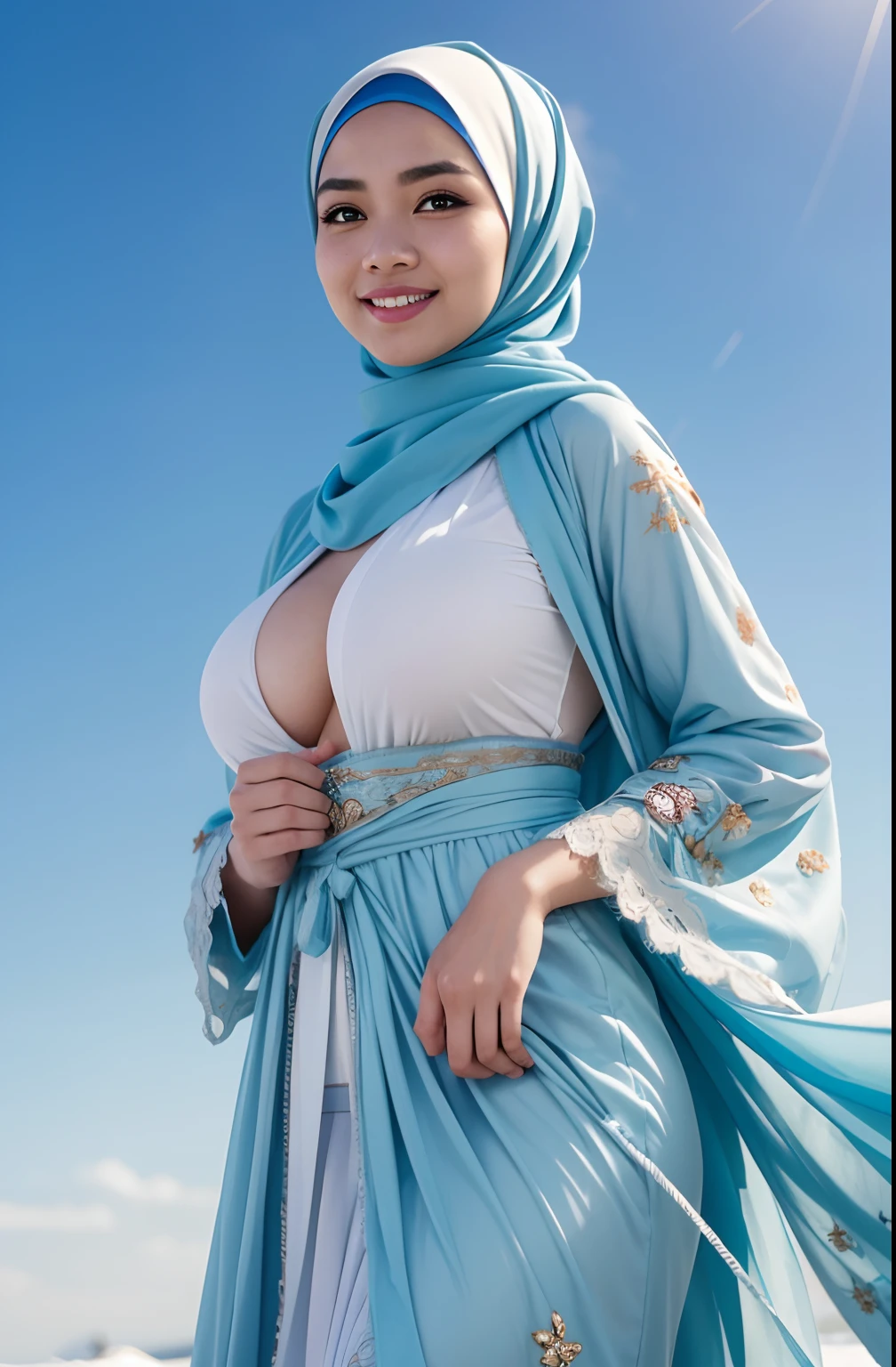 RAW, Best quality, high resolution, masterpiece: 1.3), beautiful Malay woman in hijab,Masterpiece, perfect slim fit body, (Huge breasts), big gorgeous eyes, Soft smile, RAW, Best quality, high resolution, masterpiece: 1.3), Beautiful Malay woman in hijab, Masterpiece, perfect slim body, big breasts, Best quality, 4K image quality, 1 Malay girl in hijab, light blue Hanfu, snow, long hijab fluttering in the wind , healing smile, big opening, blurred background, blue sea background, morning lighting
