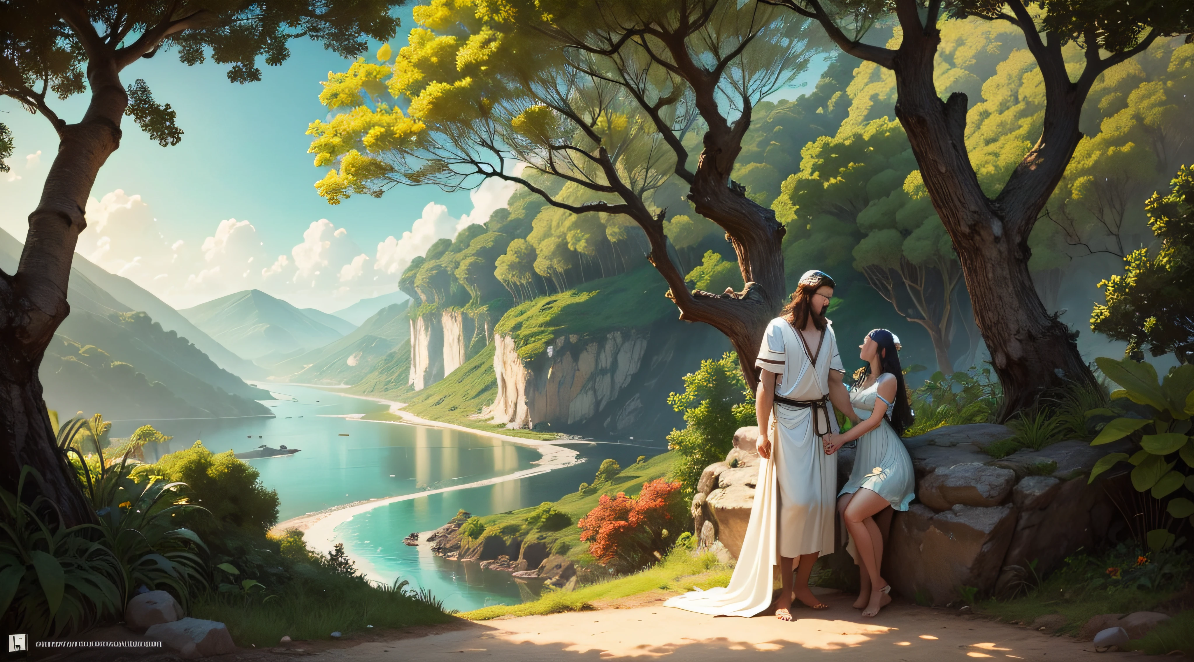 Por favor, create a high-definition image of the moment Adam and Eve are in the Garden of Eden, according to the biblical narrative. The specifications are as follows:
resolution: 1920x1080 pixels.
Adam and Eve should be represented respectfully, following the artistic tradition.
The setting should reflect a paradisiacal environment, com natureza exuberante, fruit trees and a river.
Eles podem estar vestidos com folhas de figueira, as mentioned in the story.
Certifique-se de que a imagem transmita a paz, the innocence and harmony of the Garden of Eden.
You can add symbolic elements, as the Tree of Life, se achar apropriado.
Por favor, Create an authentic and respectful artistic representation of this historical moment. Obrigado.