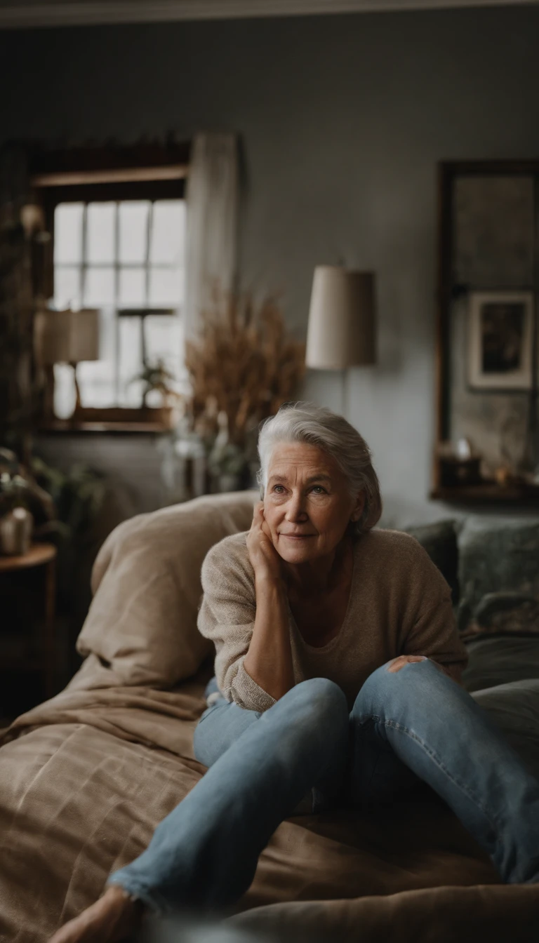 Laughing hysterically, sitting up straight, very happy, grandmother, Beautiful woman blond wavy hair wearing plain Sand Gildan 18000 Sweatshirt and washed jeans sitting in her room white Color - Heavy Blend Sweatshirt - Model Mockup - white background high - quality images 85mm Nikon D850 DSLR 8k