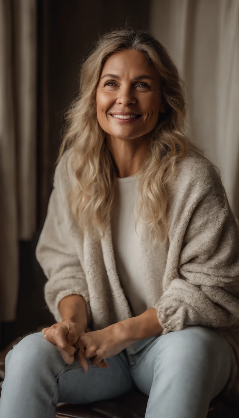 Laughing hysterically, sitting up straight, very happy, grandmother, Beautiful woman blond wavy hair wearing plain Sand Gildan 18000 Sweatshirt and washed jeans sitting in her room white Color - Heavy Blend Sweatshirt - Model Mockup - white background high - quality images 85mm Nikon D850 DSLR 8k