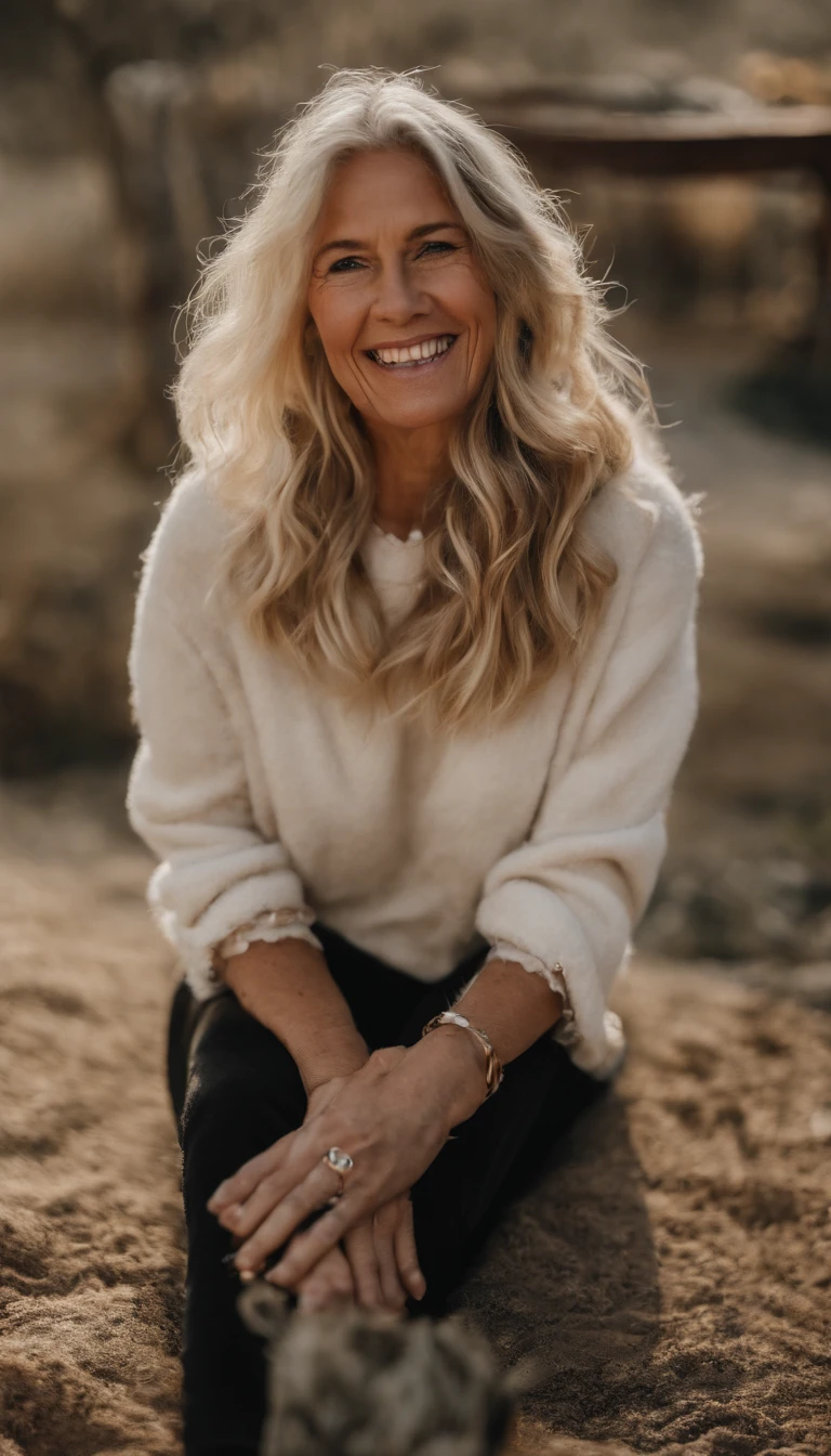 Laughing hysterically, sitting up straight, very happy, grandmother, Beautiful woman blond wavy hair wearing plain Sand Gildan 18000 Sweatshirt and washed jeans sitting in her room white Color - Heavy Blend Sweatshirt - Model Mockup - white background high - quality images 85mm Nikon D850 DSLR 8k