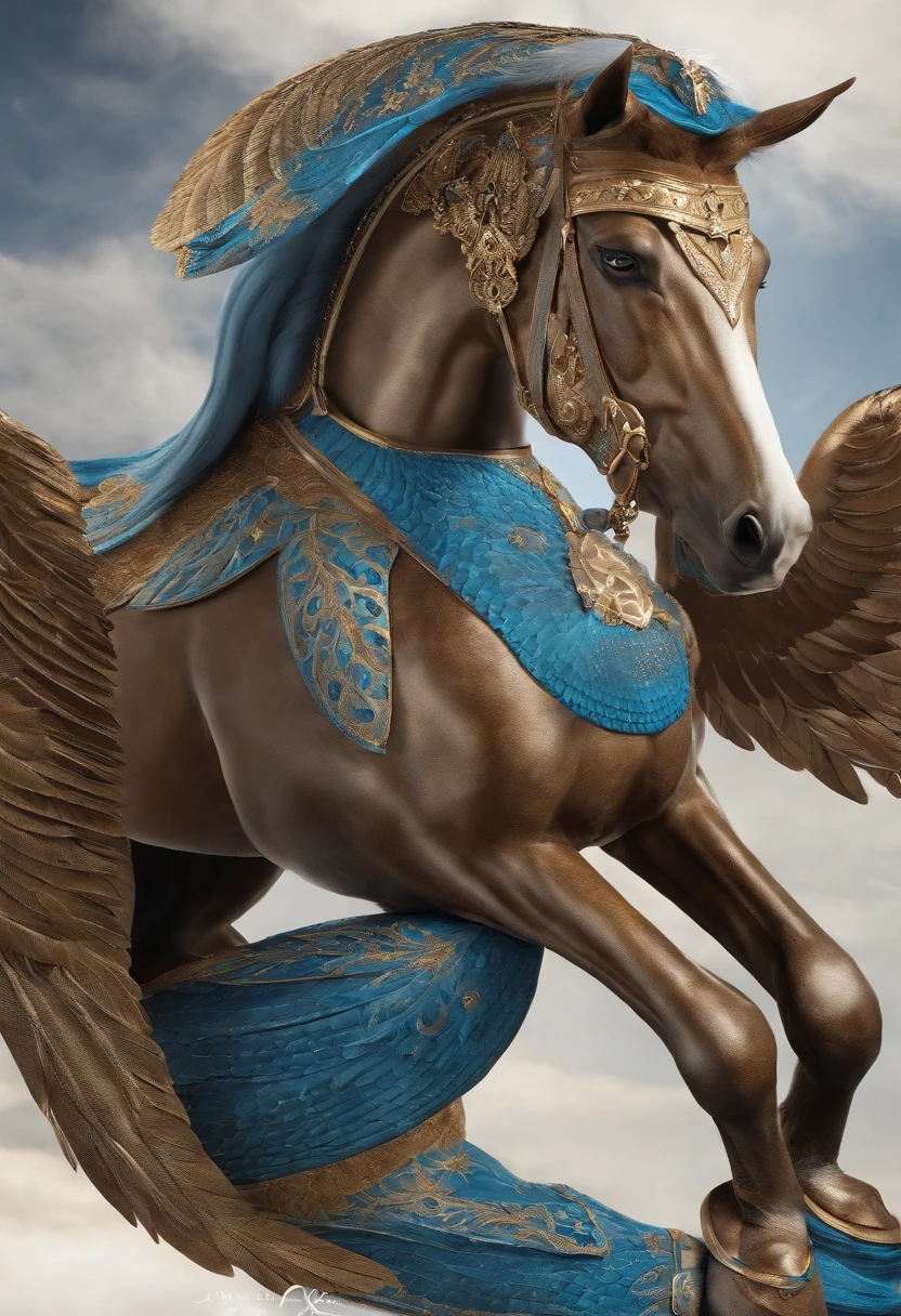 Crie um penas douradas, hipogrifo (Horse body with eagle head) blue-eyed as an archetype of a therapy company called Hipnaturo