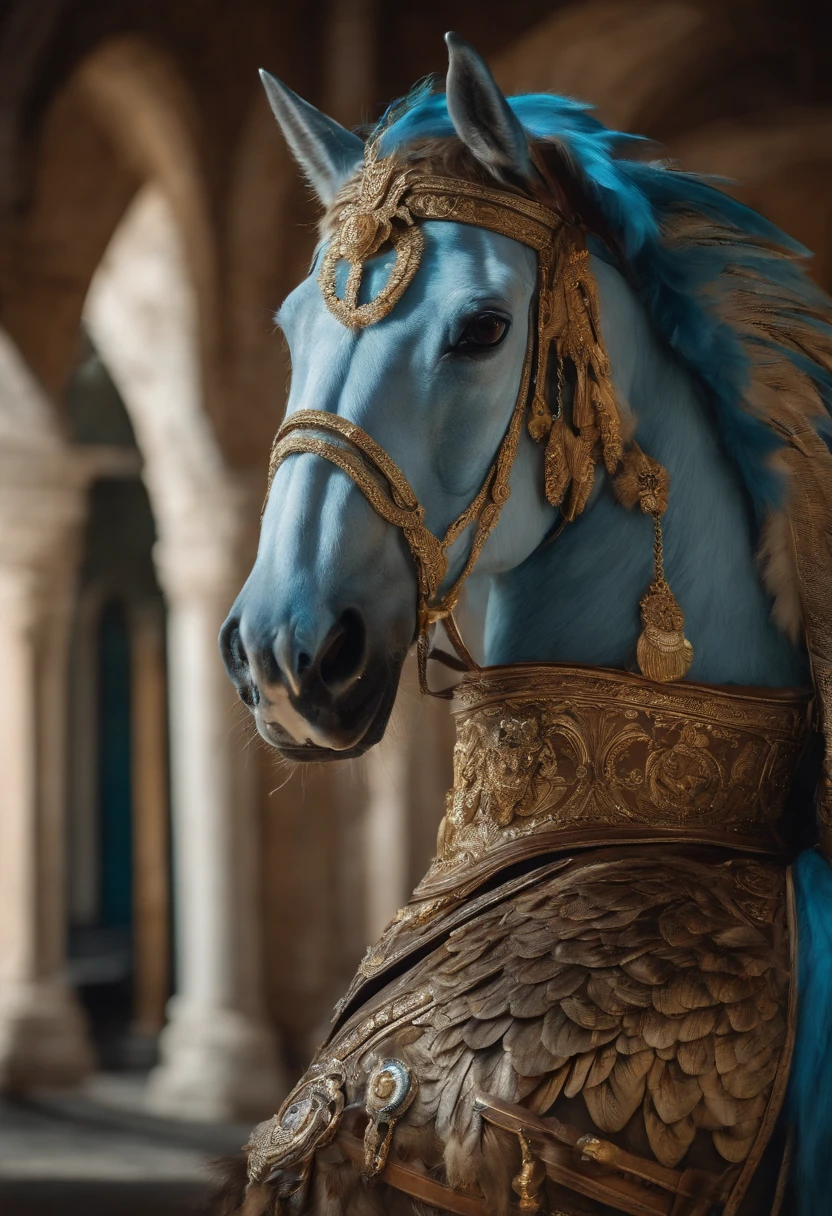 Crie um penas douradas, hipogrifo (Horse body with eagle head) blue-eyed as an archetype of a therapy company called Hipnaturo