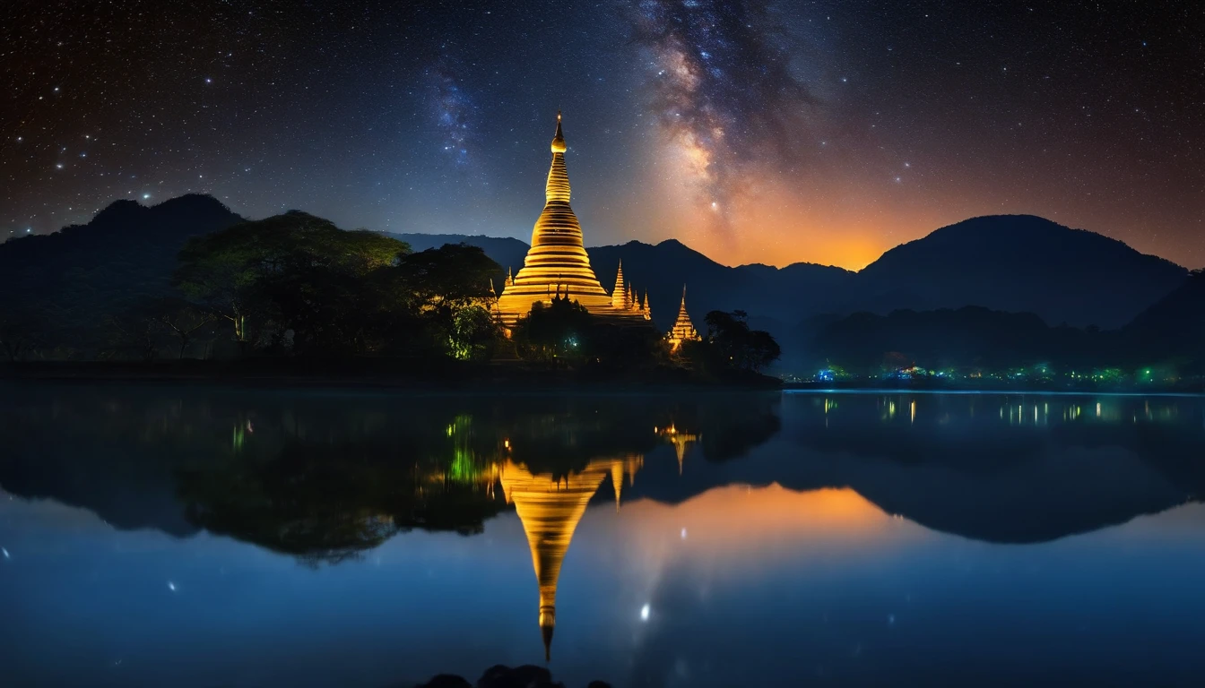 A night scene of Pagan Pagodas of Myanmar,, stary night, milky way in the sky, best composition, hyper detailed, masterpiece art work, long view, silhouette of pagodas , at night.soft light.