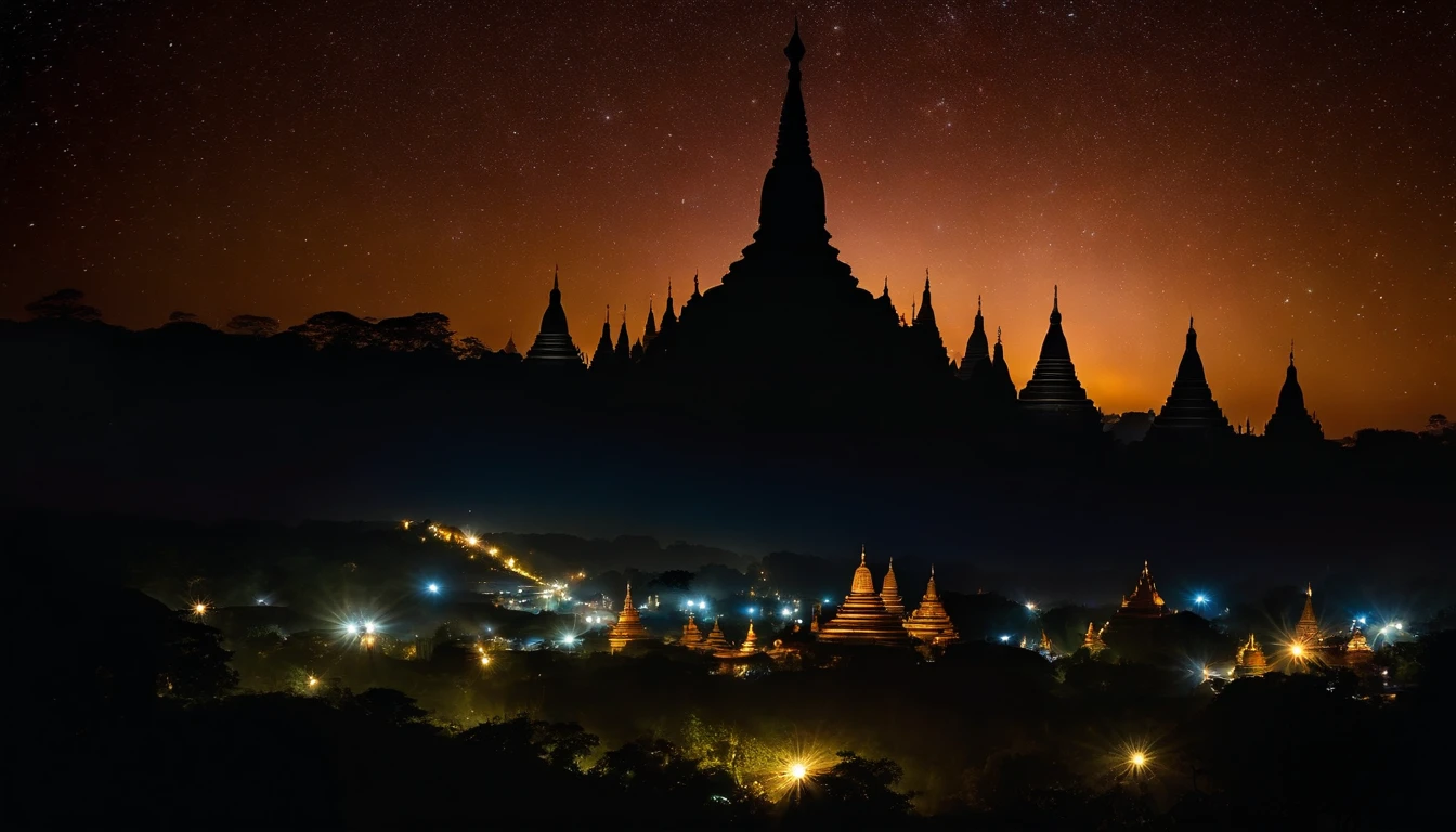 A night scene of Pagan Pagodas of Myanmar,, stary night, milky way in the sky, best composition, hyper detailed, masterpiece art work, long view, silhouette of pagodas , at night.soft light.