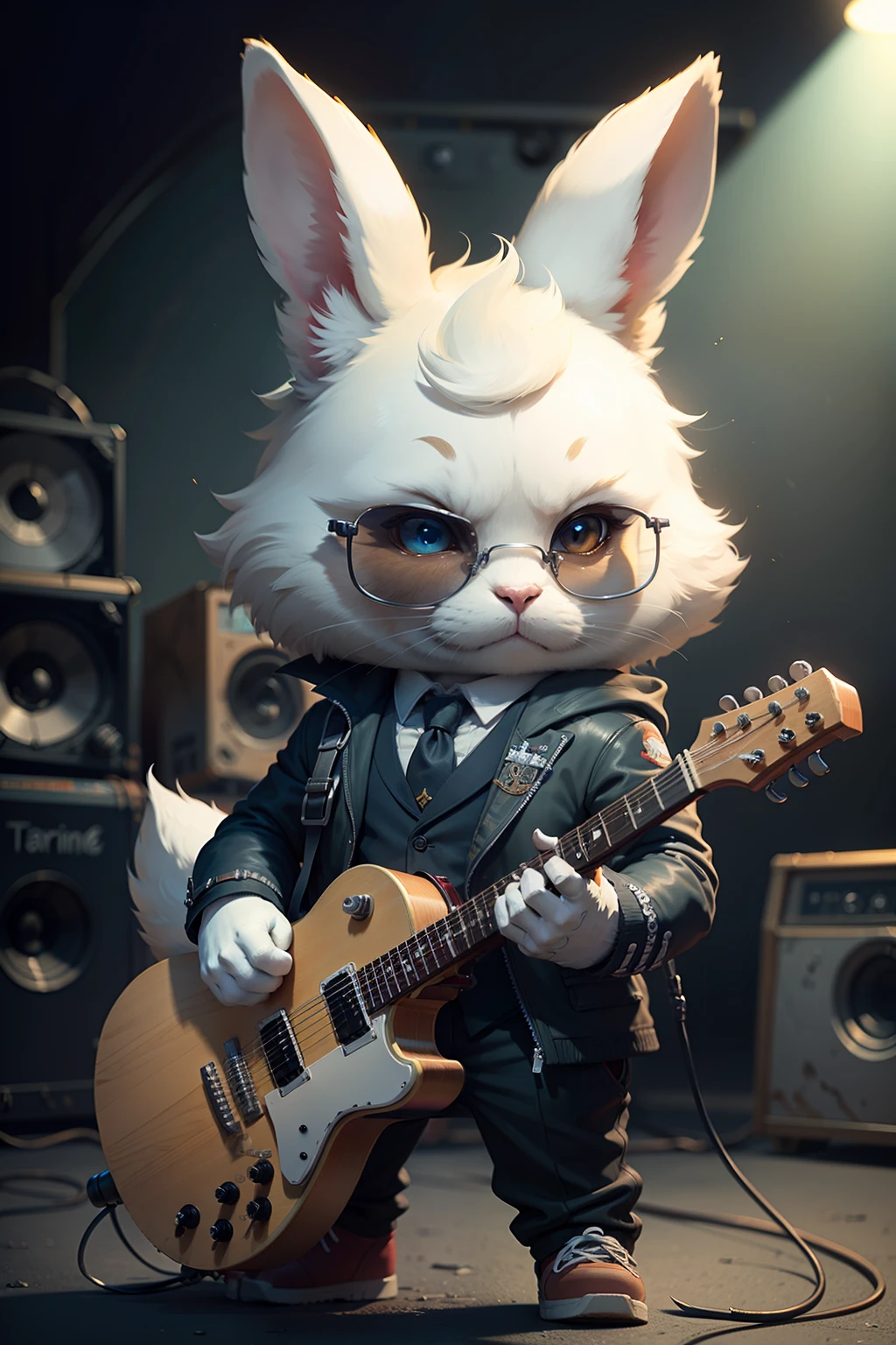 Cartoon white rabbit wearing suit,Wearing sunglasses,holding guitars,Cool stage background,top-quality, single focal, 复杂 (the detail: 1.1) unreal-engine,tmasterpiece, (ultra-detailliert),