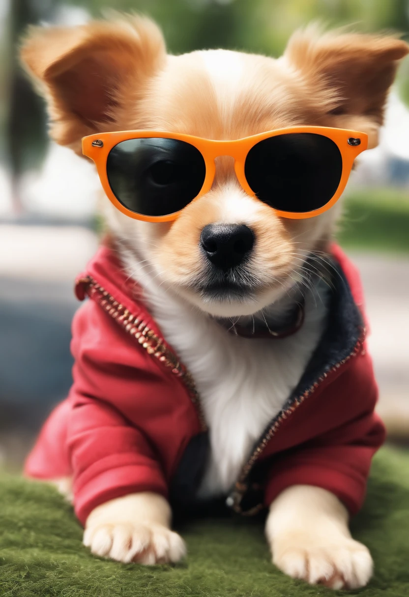 Draw a cute puppy wearing sunglasses, curtindo um dia ensolarado no parque.