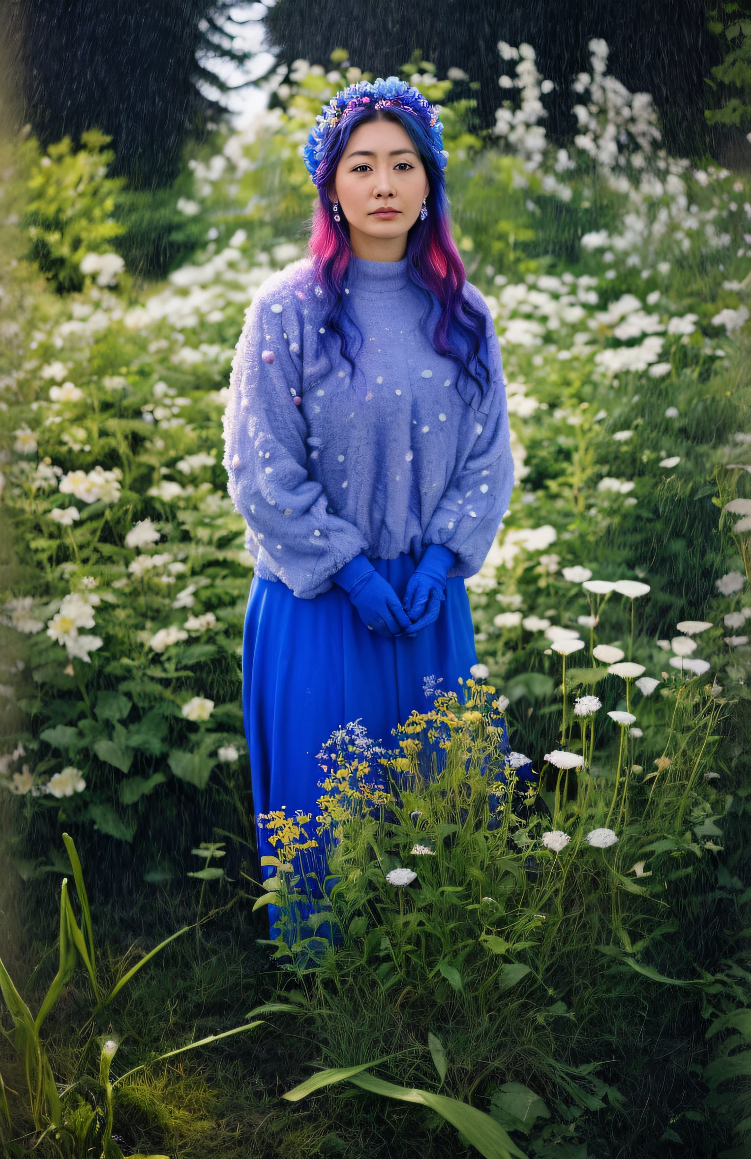 Hay una mujer parada en un campo de flores con un guante azul, fondo coloreado, Una foto coloreada, colorized photograph, colored photon, Foto coloreada, beatriz azul, foto coloreada, coloreado, inspirado por Yves Klein, coloreado saturado, hand dyeing, inspirado en Miwa Komatsu, con flores congeladas a su alrededor, coloreado