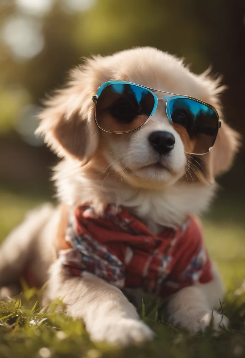 Draw a cute little puppy wearing sunglasses, curtindo um dia ensolarado no parque.