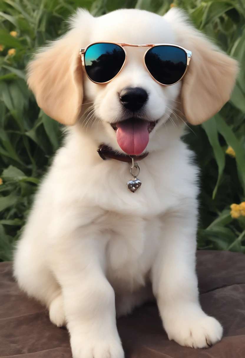 Draw a cute little puppy wearing sunglasses, curtindo um dia ensolarado no parque.