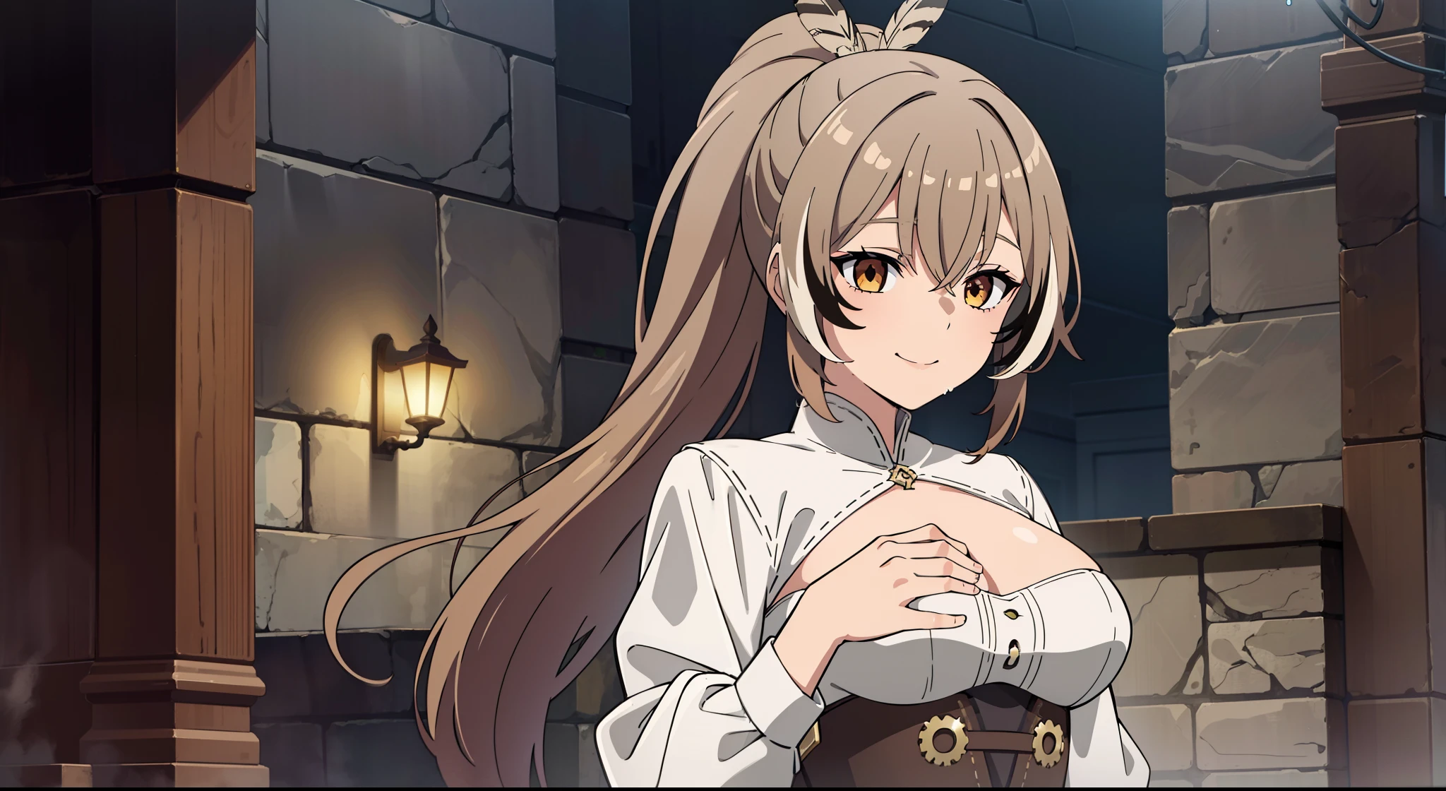 2D, HD, Detailed details, Detailed landscapes, beautiful lights, Beautiful Shadows, top-quality, Highly detailed, masterpiece, best quality, highres, aamumei, long hair, ponytail, ahoge, multicolored hair, feather hair ornament, hairclip, white shirt, brown corset, red skirt, mini breasts, closed mouth, smile, looking at viewer, highly detailed hands, highly detailed eyes, cleavage, Perfect hands, highly detailed face, full body, anime styled, simple background, wet clothes