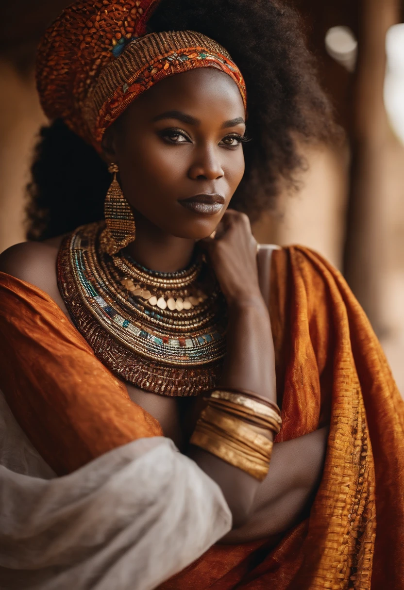Sexy and elegant Beninese African woman lightskin with generous curves blue eyes long frizzy cheuveux in traditional outfits made of African loincloth