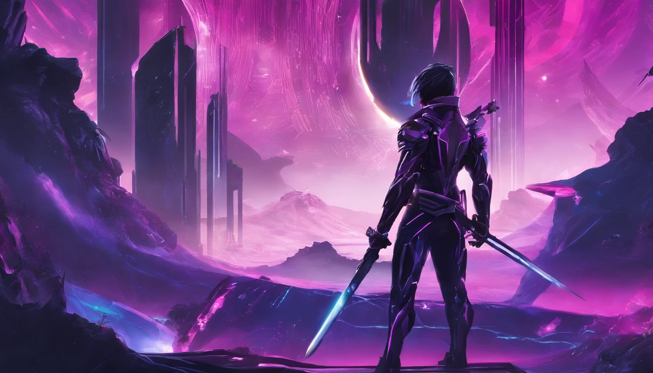Young males,Dark Samurai,Gray hair, Fit and fit, There is a sword in hand,The sword glows purple,The back of the body grows wings