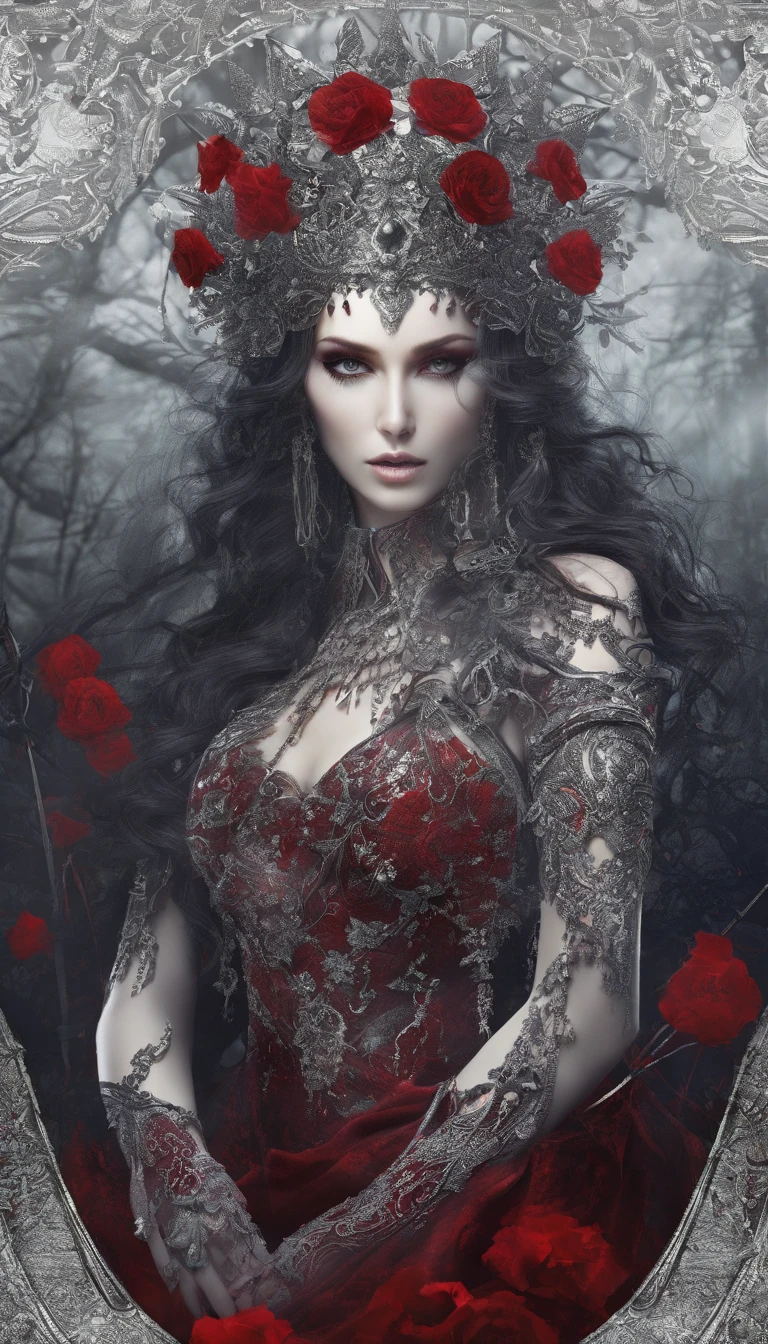 (Artstation),(Epic), (epic detail), (Masterpiece), (Best Quality), (Photorealistic), (ultra-high detail), (ultra-high detail),(Slavic folklore),(by Luis Royo | by Greg Rutkowsky),(Defiant posture),red and green,Lilac flowers, white flowers, wet body, The Crown of Thorns, Dark fantasy, gloomy atmosphere, detailed and intricate