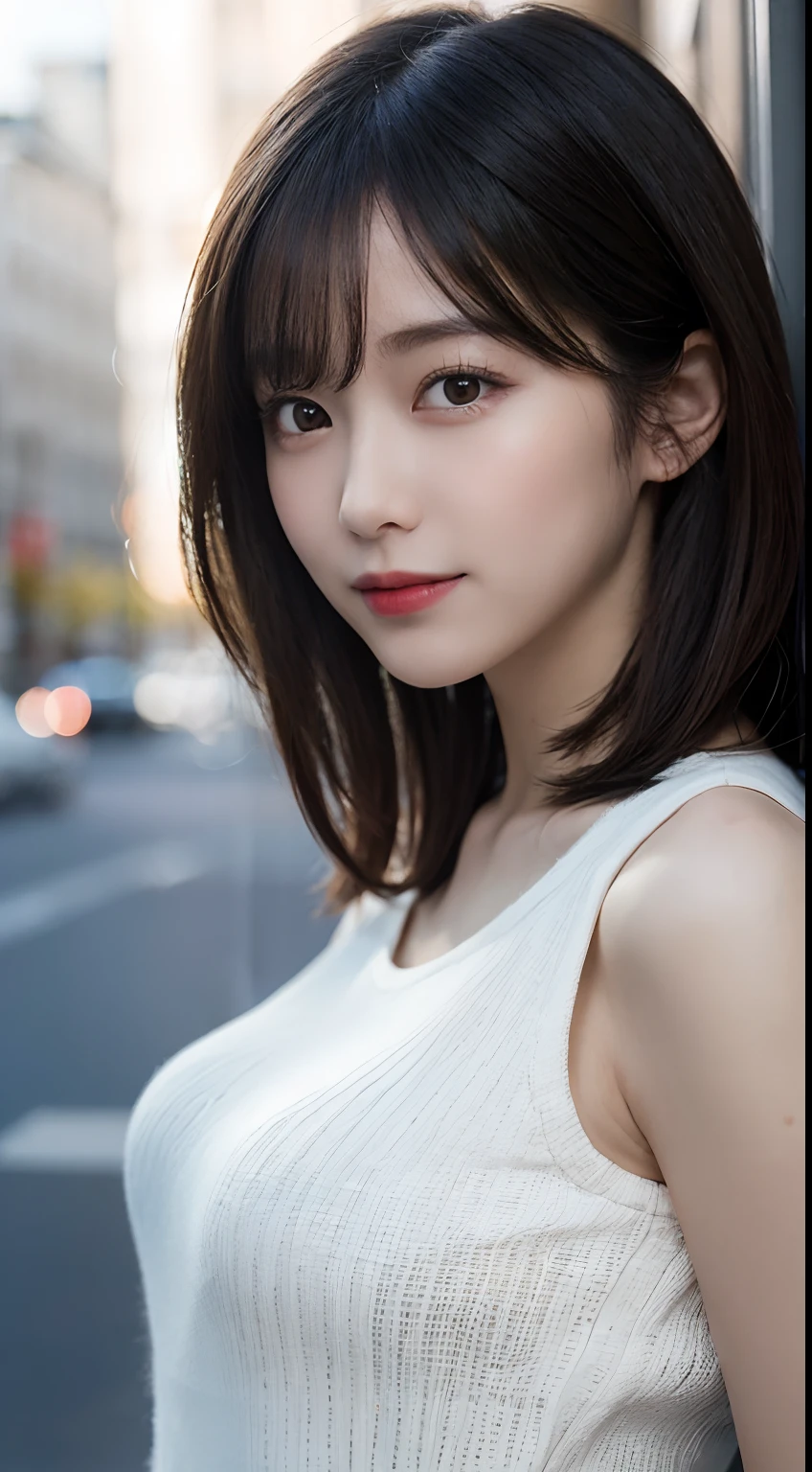 Woman standing upright facing the camera、Accentuate your cleavage、Light clothing、Expose、Thin white shirt、(Highest quality,masterpiece:1.3,Ultra-high resolution,),(Very detailedな,Caustics),(Photorealistic:1.4,RAW shooting,)Ultra-Realistic Capture,Very detailed,High resolution 16K for human skin、 Natural skin texture、、Skin tone is even and healthy looking、 Use natural light and colour,One Woman,Japanese,,cute,Gray-haired,Mid-length hair,(Written boundary depth、chromatic aberration、、Wide range of lighting、Natural Shading、)、(Outdoor lighting at night:1.4)、(Hair swaying in the wind:1)、short hair、hair ornaments、Put it on your ear、Casual Hair