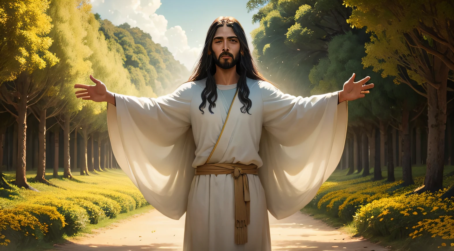 Crie uma imagem de Jesus Cristo em uma cena serena e inspiradora. He is pictured standing, com roupas brancas, em um campo verdejante com flores silvestres coloridas ao redor. A luz do sol derrama-se suavemente sobre ele, criando uma aura de tranquilidade. His hands are outstretched in a gesture of love and welcome, e ele olha gentilmente para aqueles que o contemplam. His facial expression radiates compassion and hope, and his presence inspires a deep sense of peace and reverence. The surrounding landscape reflects the harmony and beauty of divine creation. Crie uma imagem que capte a divindade, a bondade e o amor de Jesus Cristo, offering a touching and spiritual representation of His presence.